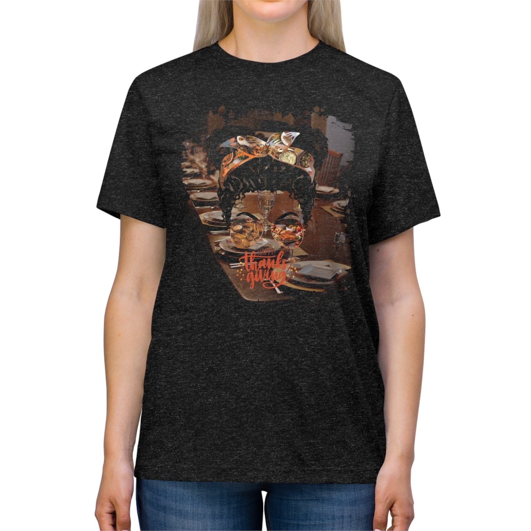 Happy Thanksgiving Table Setting, Black Hair Messy Bun, Unisex Triblend T - Shirt - Janlyn's Crafts