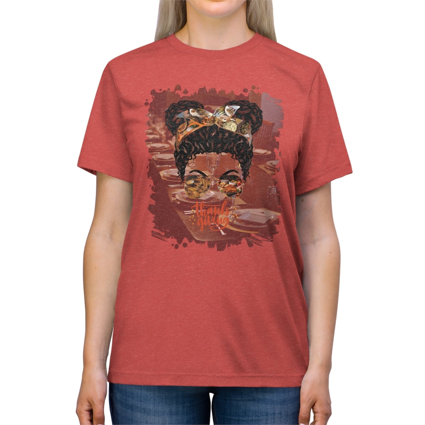 Happy Thanksgiving Table Setting, Black Hair Messy Bun, Unisex Triblend T - Shirt - Janlyn's Crafts