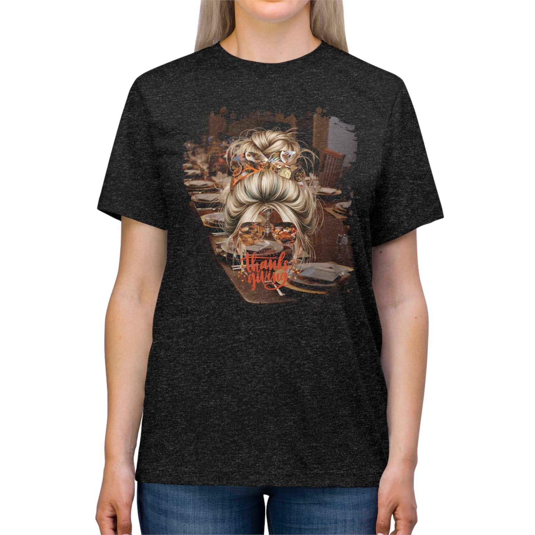 Happy Thanksgiving Table Setting, Blond Hair Messy Bun, Unisex Triblend T - Shirt - Janlyn's Crafts