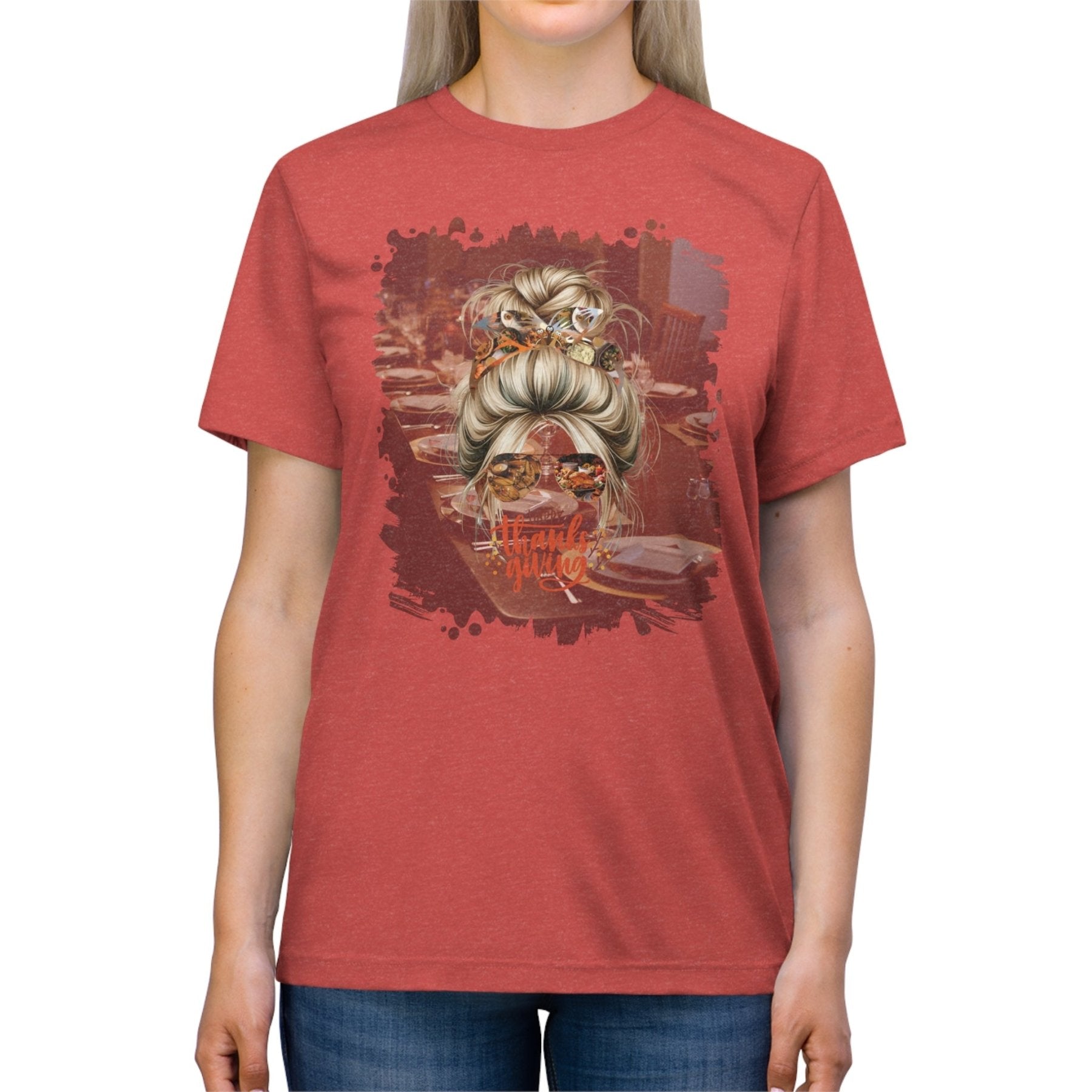 Happy Thanksgiving Table Setting, Blond Hair Messy Bun, Unisex Triblend T - Shirt - Janlyn's Crafts