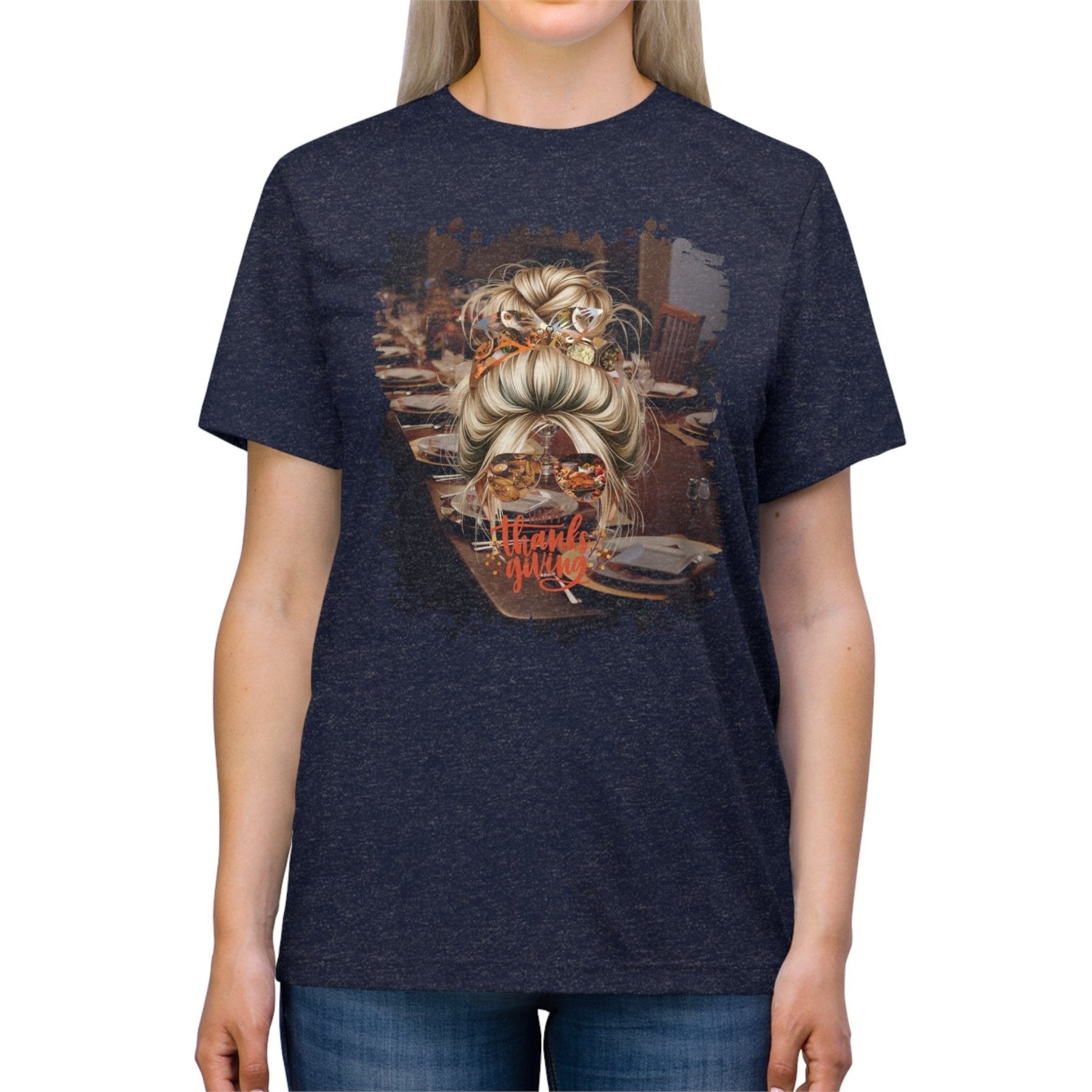 Happy Thanksgiving Table Setting, Blond Hair Messy Bun, Unisex Triblend T - Shirt - Janlyn's Crafts