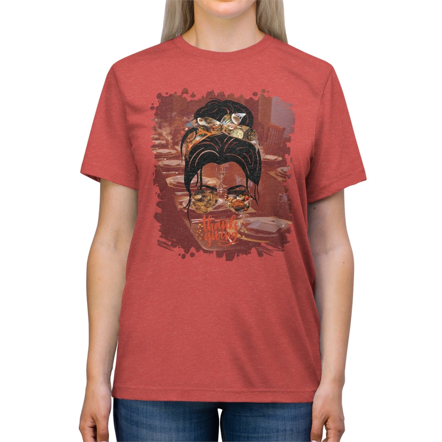 Happy Thanksgiving Table Setting, Dark Hair Messy Bun, Unisex Triblend T - Shirt - Janlyn's Crafts