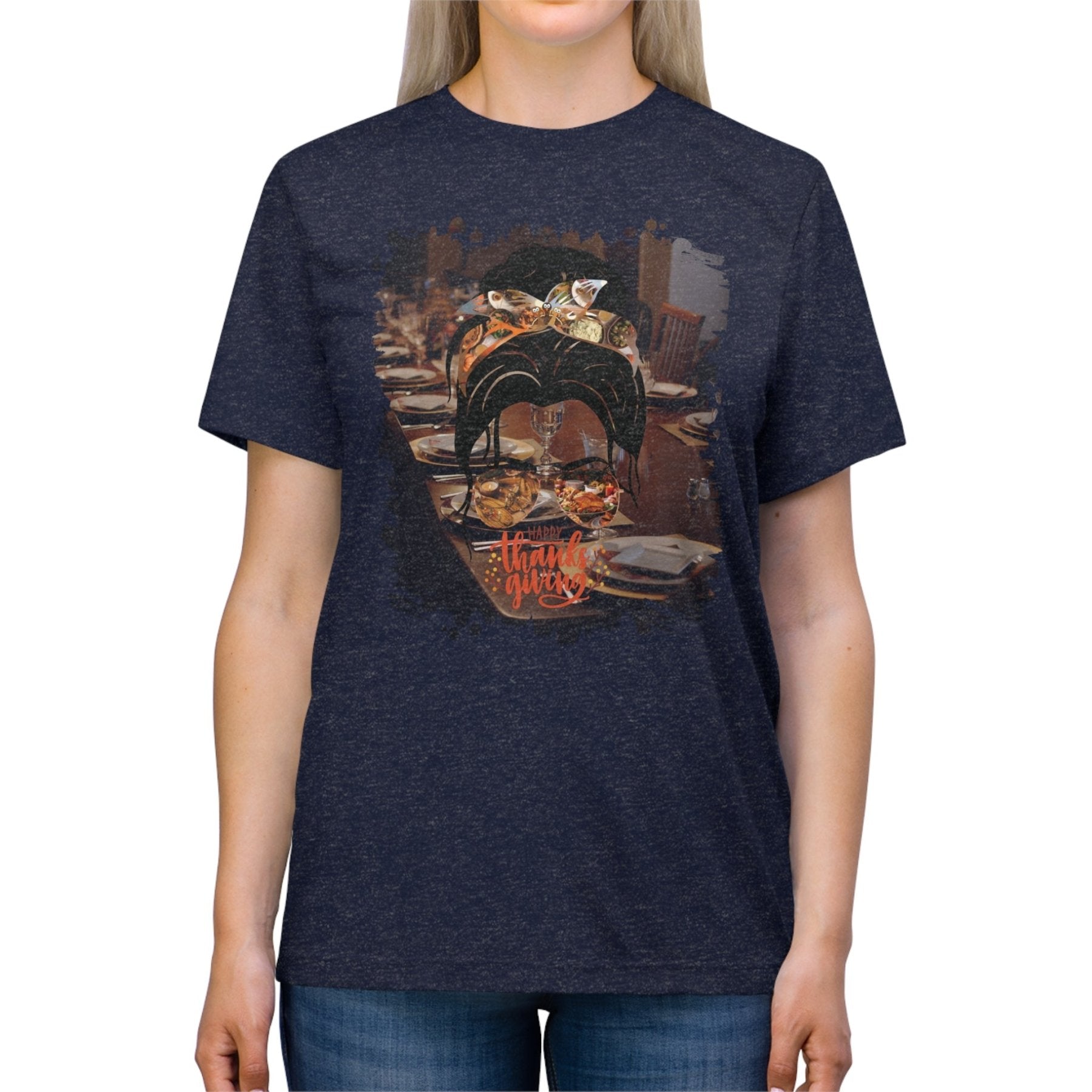 Happy Thanksgiving Table Setting, Dark Hair Messy Bun, Unisex Triblend T - Shirt - Janlyn's Crafts