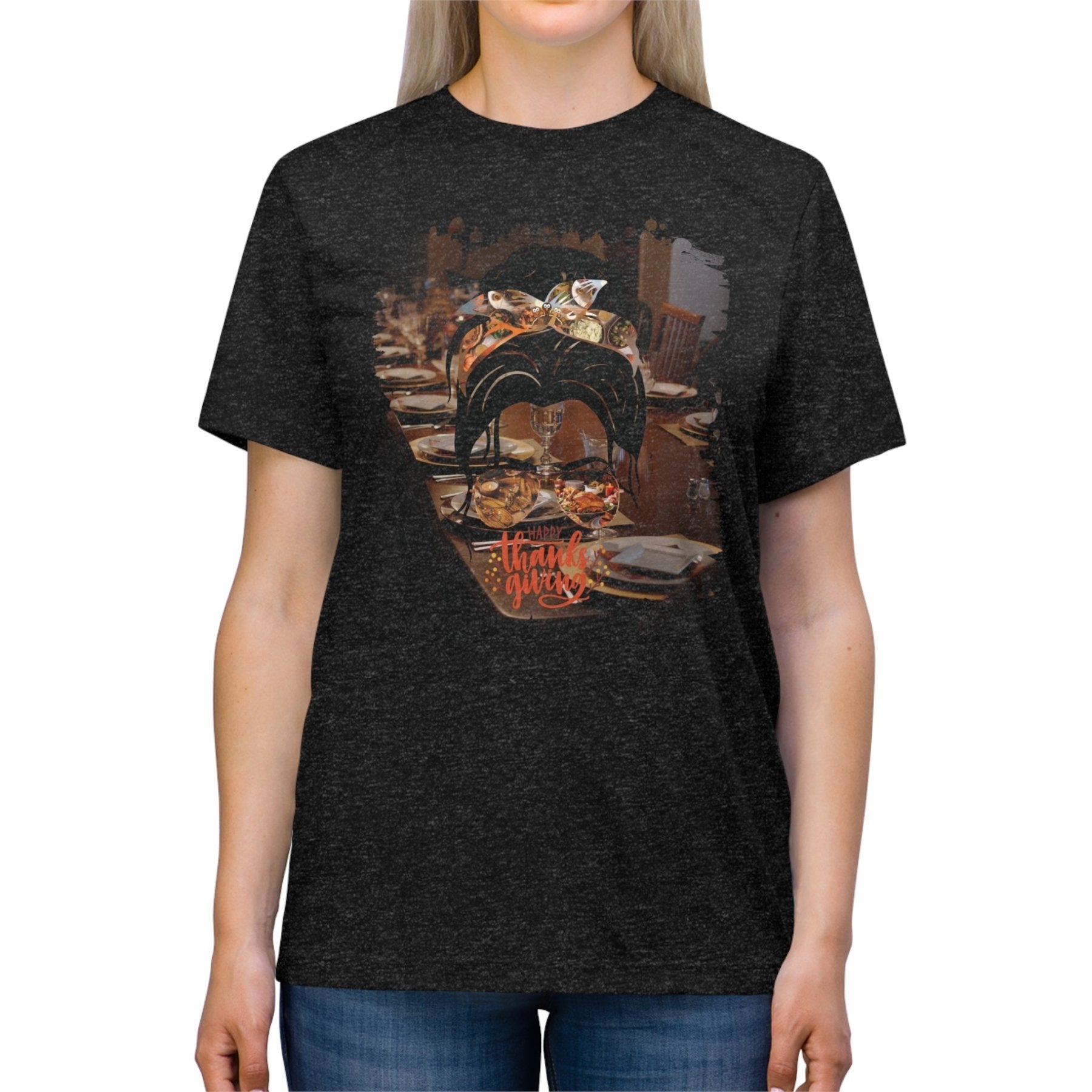 Happy Thanksgiving Table Setting, Dark Hair Messy Bun, Unisex Triblend T - Shirt - Janlyn's Crafts