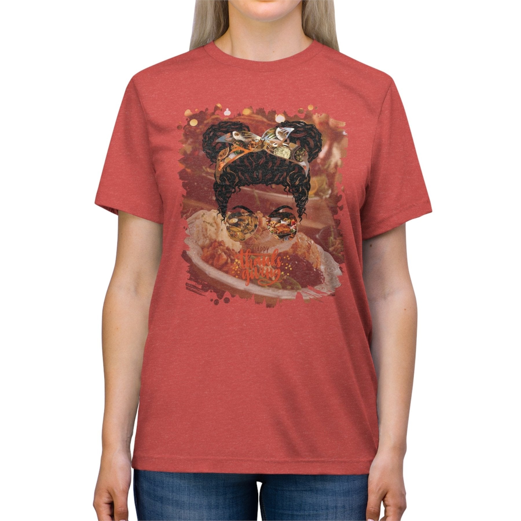 Happy Thanksgiving Thanksgiving Meal, Black Hair Messy Bun, Unisex Triblend T - Shirt - Janlyn's Crafts