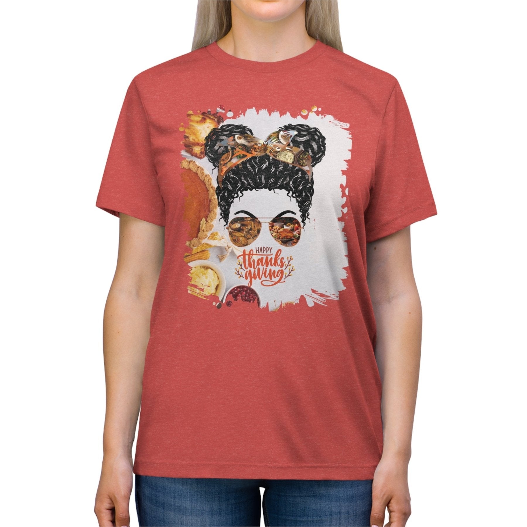 Happy Thanksgiving Thanksgiving Pie, Black Hair Messy Bun, Unisex Triblend T - Shirt - Janlyn's Crafts