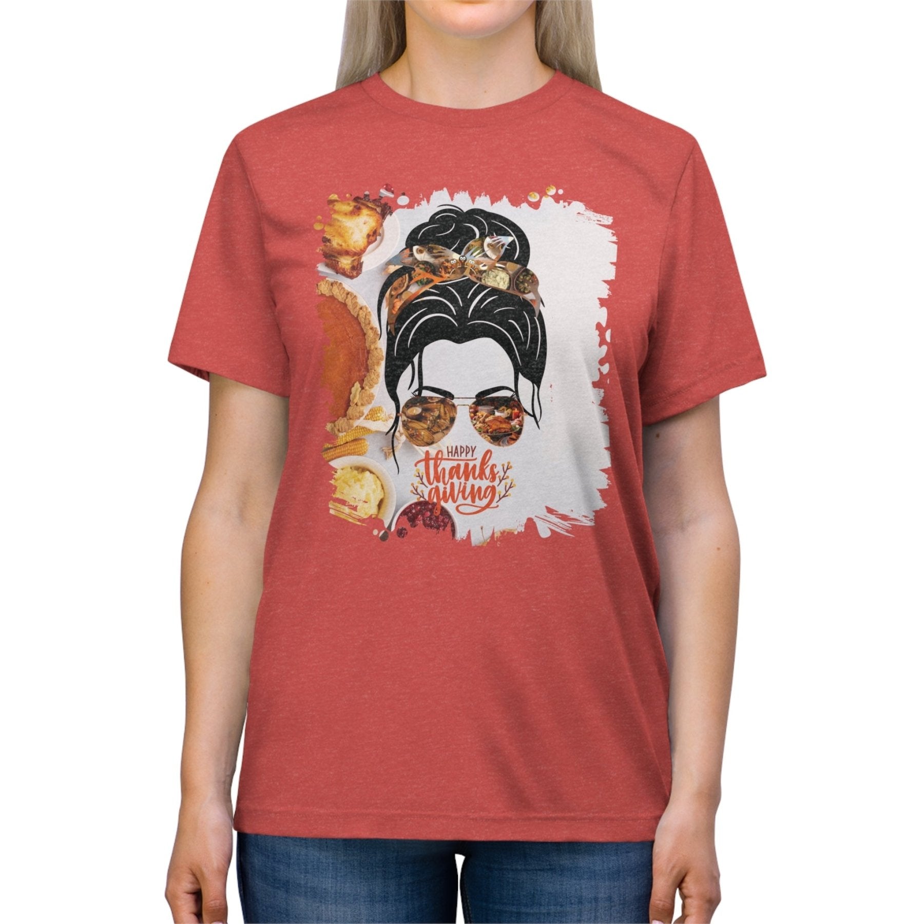 Happy Thanksgiving Thanksgiving Pie, Dark Hair Messy Bun, Unisex Triblend T - Shirt - Janlyn's Crafts