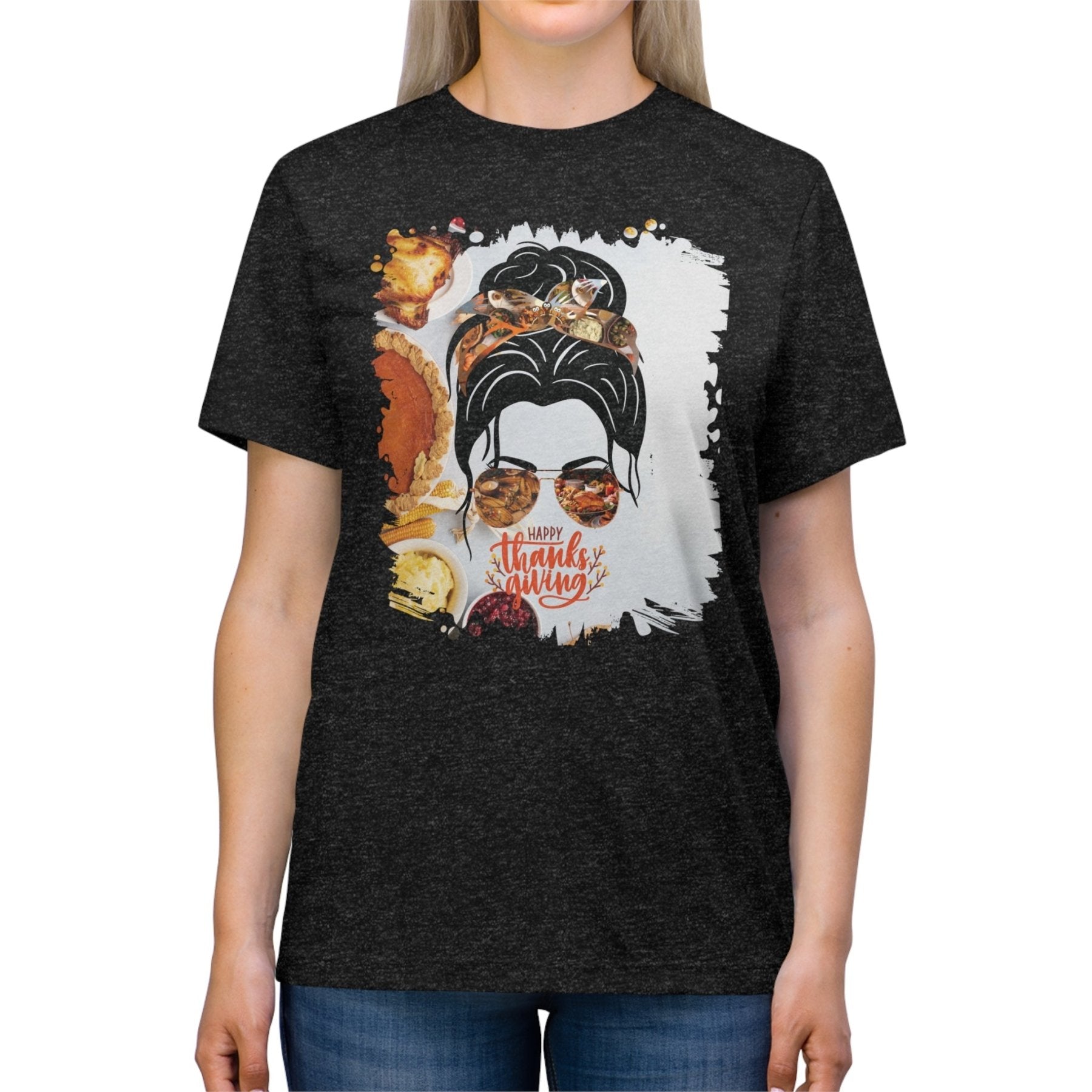 Happy Thanksgiving Thanksgiving Pie, Dark Hair Messy Bun, Unisex Triblend T - Shirt - Janlyn's Crafts