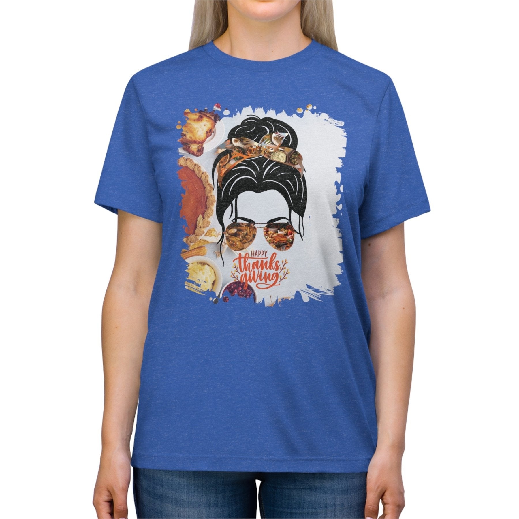 Happy Thanksgiving Thanksgiving Pie, Dark Hair Messy Bun, Unisex Triblend T - Shirt - Janlyn's Crafts