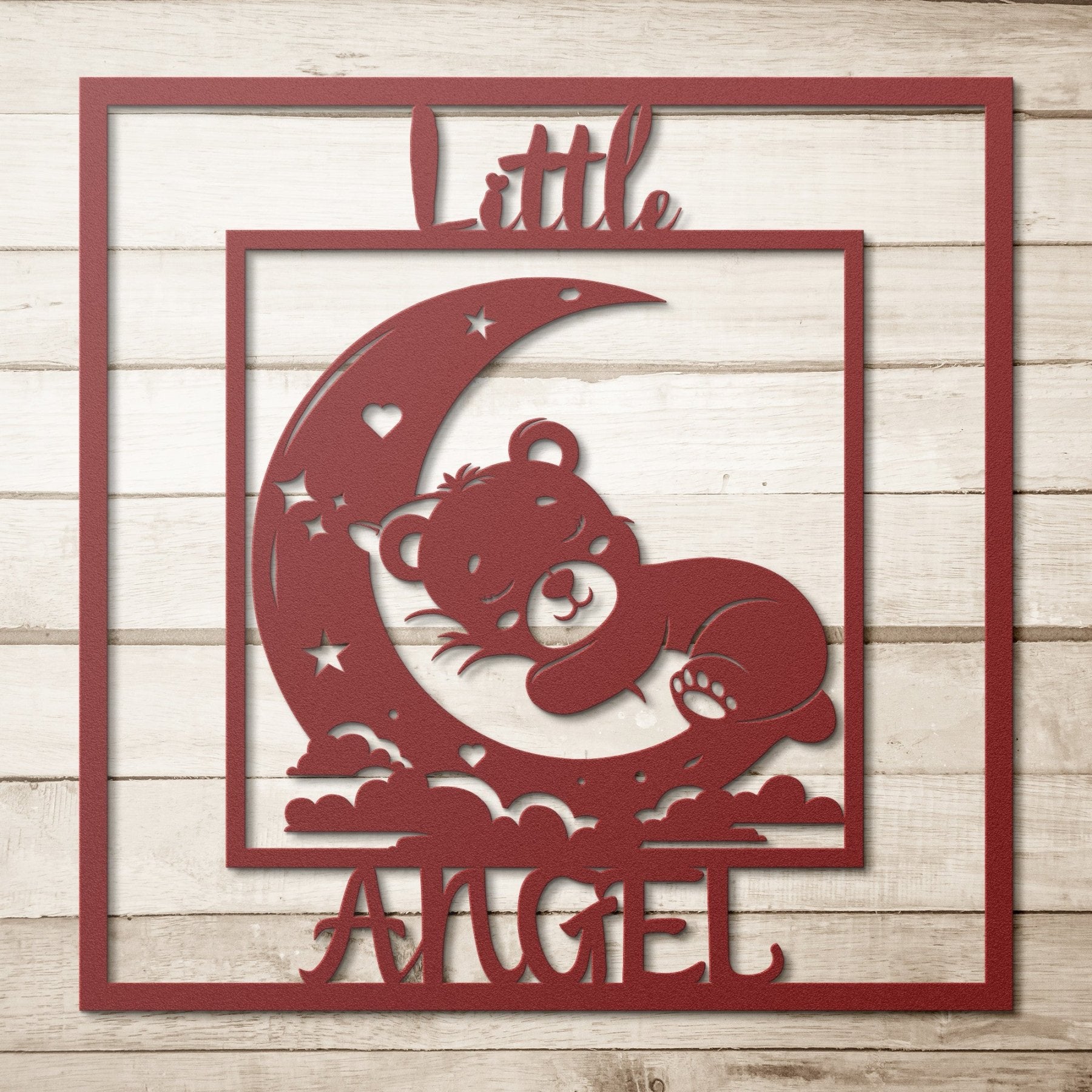 Little Angel, Sleeping Bear on Moon, Square Metal Sign - Janlyn's Crafts