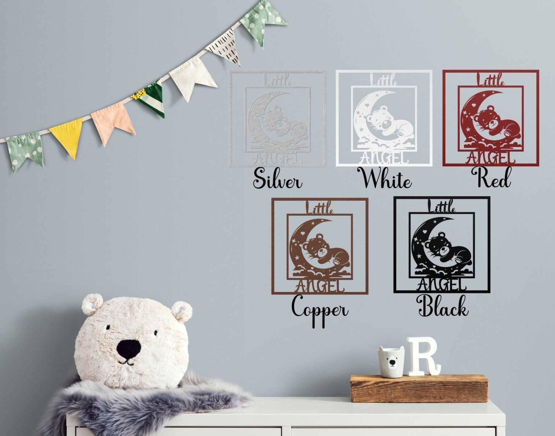 Little Angel, Sleeping Bear on Moon, Square Metal Sign - Janlyn's Crafts