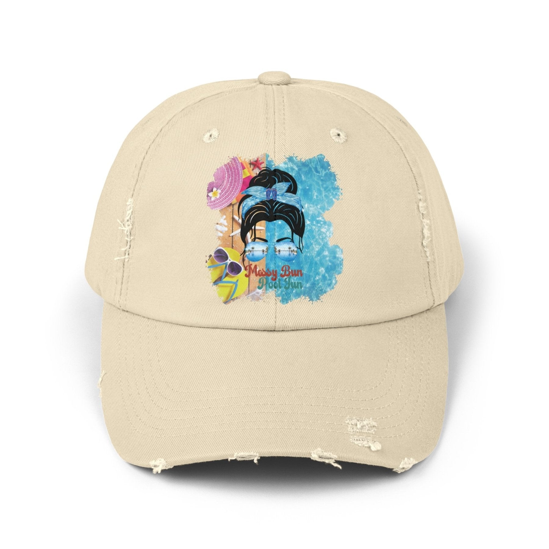 Messy Bun Pool Fun, Black Hair Messy Bun, Pool Scene, Unisex Distressed Cap - Janlyn's Crafts