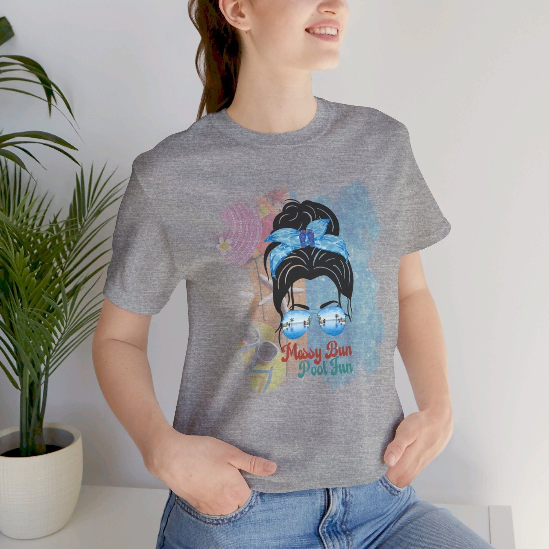 Messy Bun Pool Fun, Black Hair Messy Bun, Pool Scene, Unisex Jersey Short Sleeve Tee - Janlyn's Crafts