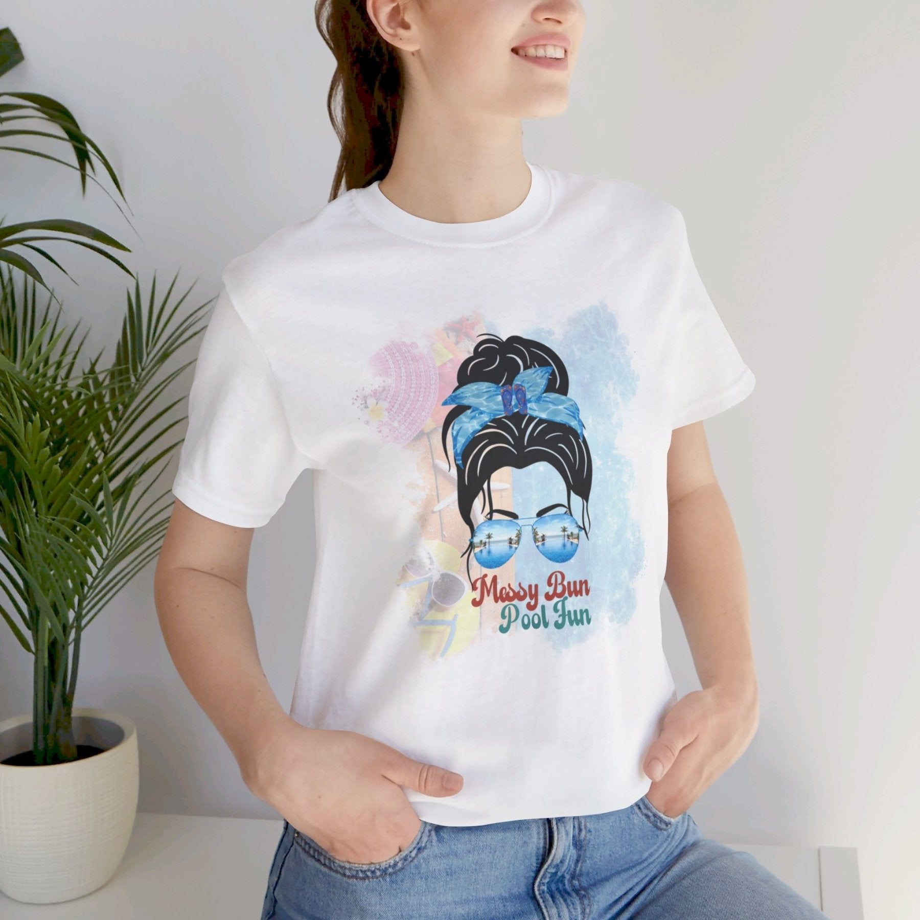 Messy Bun Pool Fun, Black Hair Messy Bun, Pool Scene, Unisex Jersey Short Sleeve Tee - Janlyn's Crafts