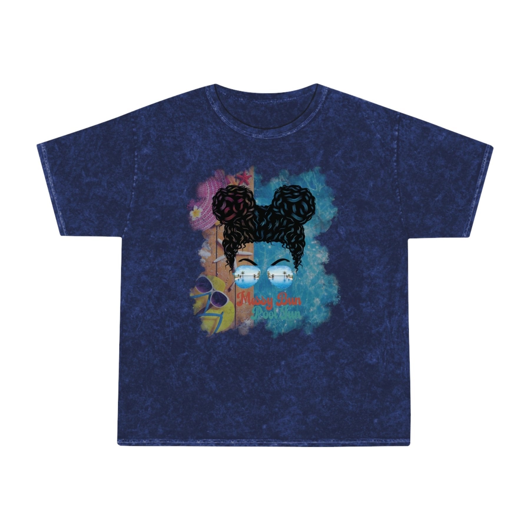 Messy Bun Pool Fun, Black Hair Messy Bun, Pool Scene, Unisex Mineral Wash T - Shirt - Janlyn's Crafts