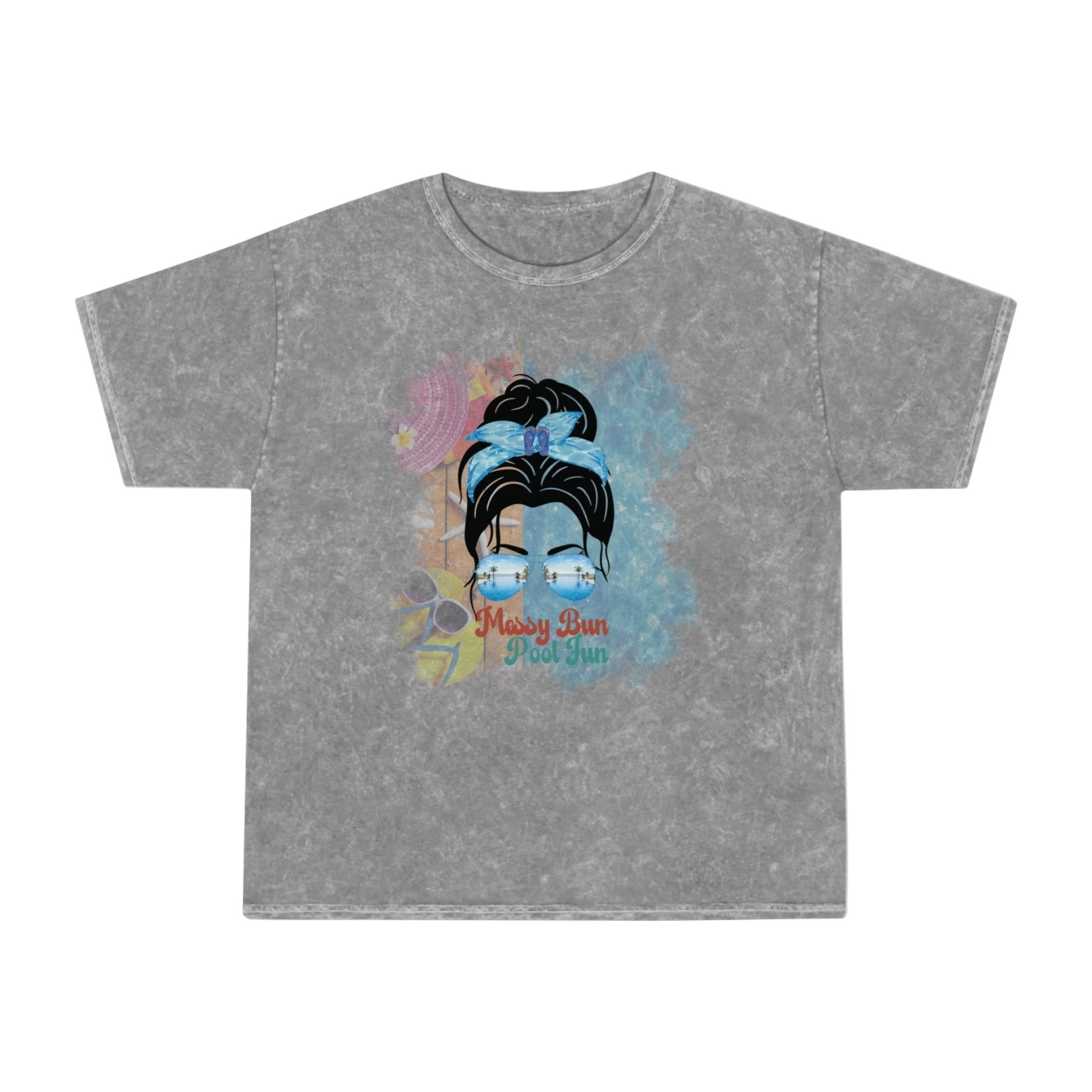 Messy Bun Pool Fun, Black Hair Messy Bun, Pool Scene, Unisex Mineral Wash T - Shirt - Janlyn's Crafts