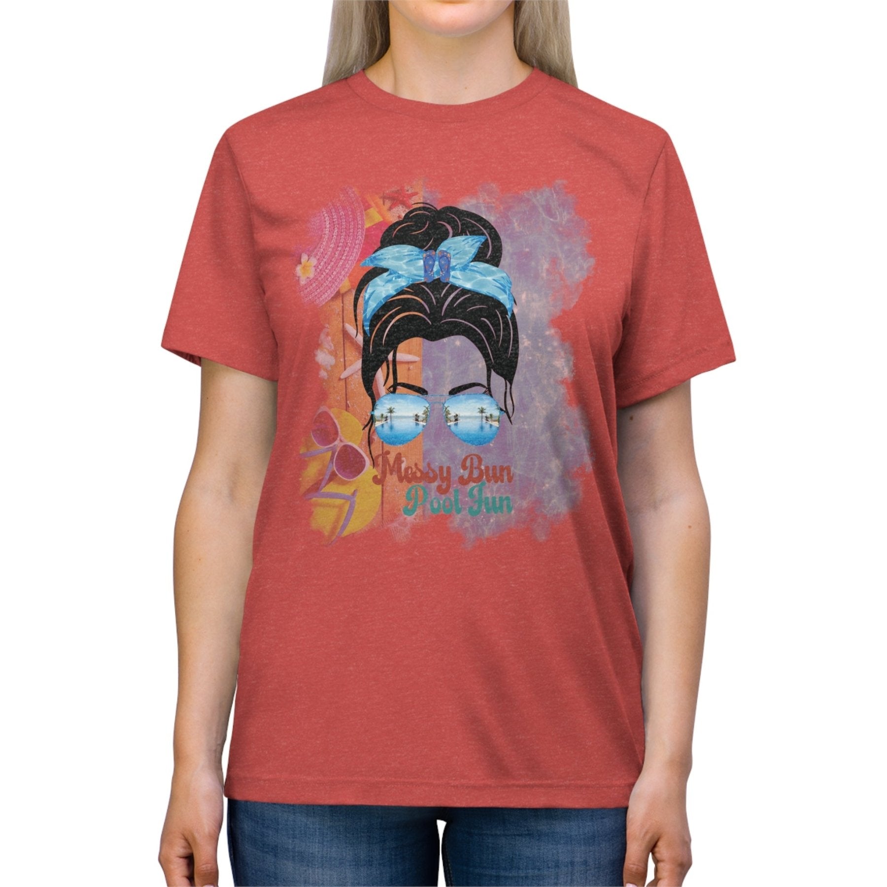 Messy Bun Pool Fun, Black Hair Messy Bun, Pool Scene, Unisex Triblend T - Shirt - Janlyn's Crafts