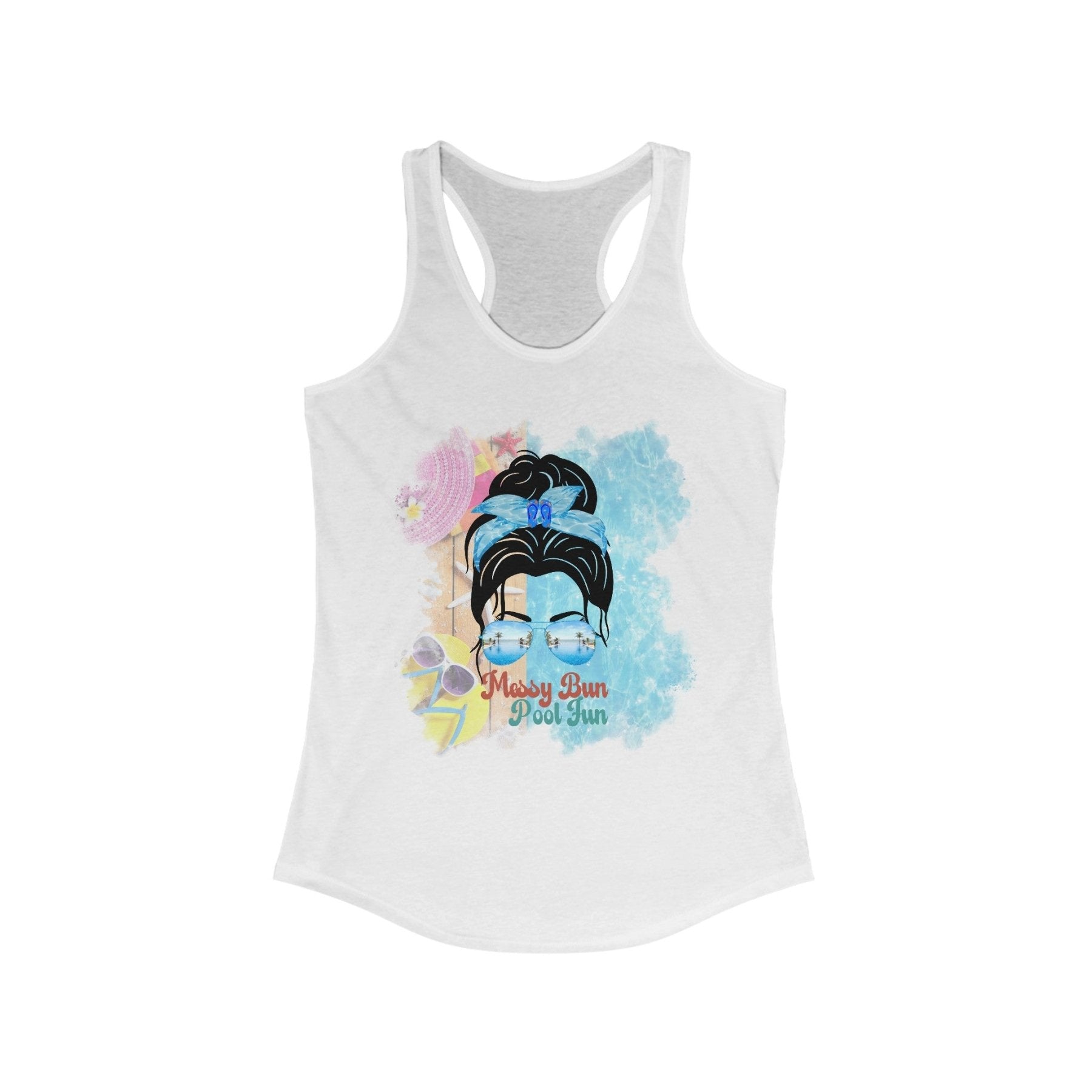 Messy Bun Pool Fun, Black Hair Messy Bun, Pool Scene, Women's Ideal Racerback Tank - Janlyn's Crafts