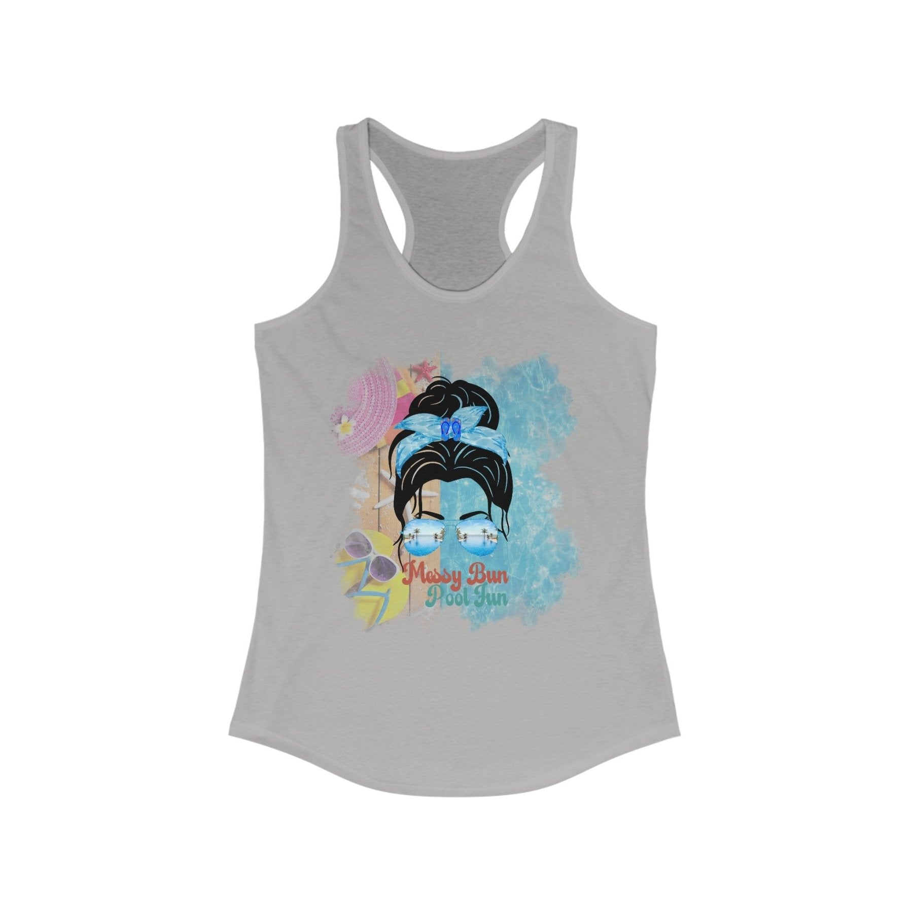 Messy Bun Pool Fun, Black Hair Messy Bun, Pool Scene, Women's Ideal Racerback Tank - Janlyn's Crafts