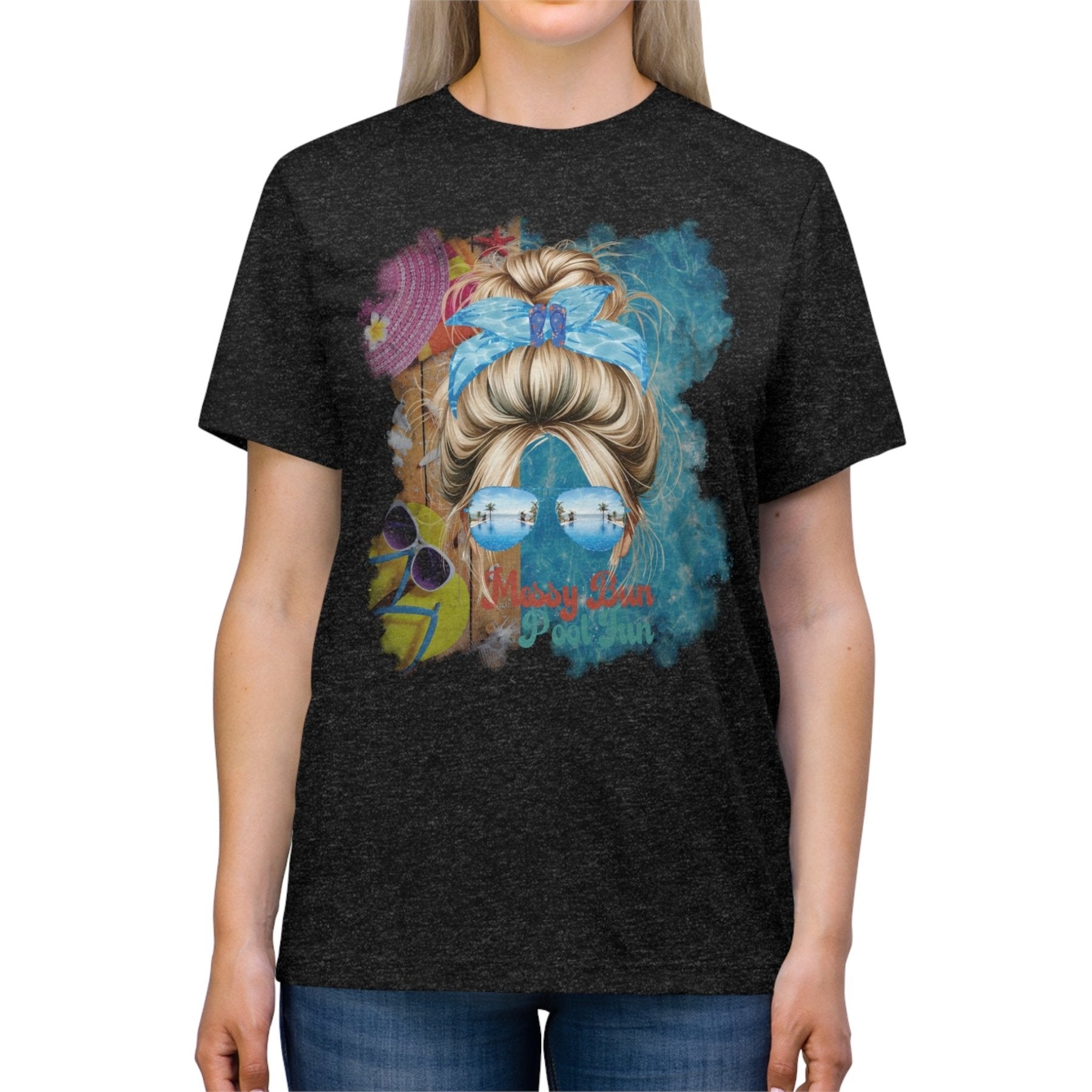 Messy Bun Pool Fun, Blond Hair Messy Bun, Pool Scene, Unisex Triblend T - Shirt - Janlyn's Crafts