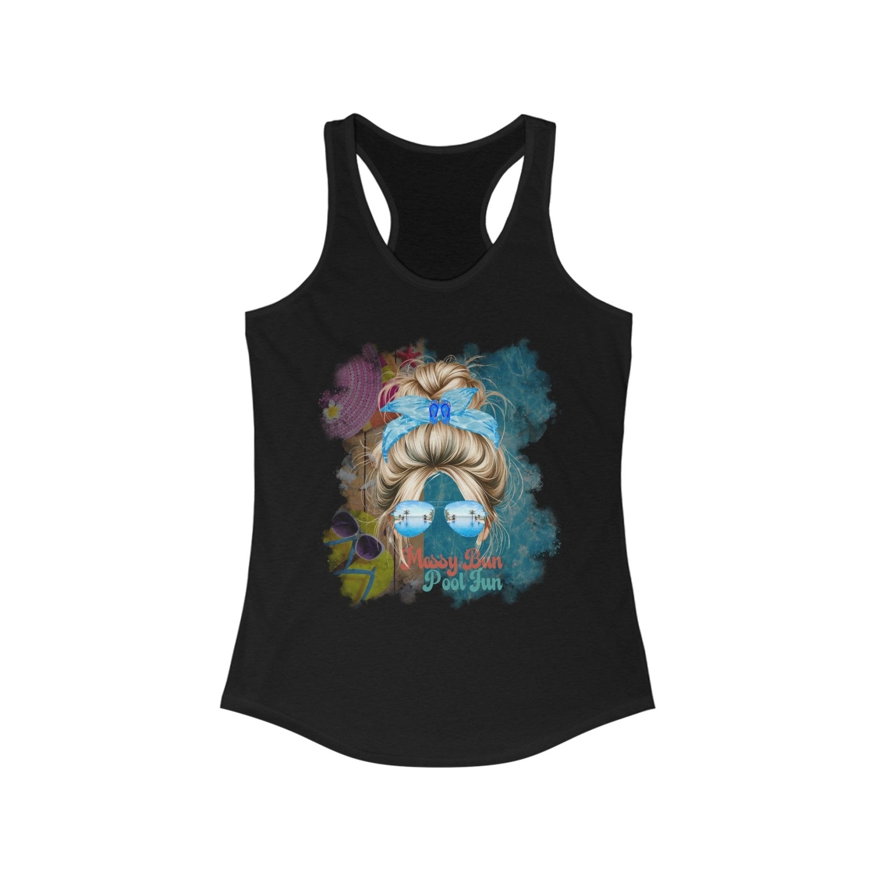 Messy Bun Pool Fun, Blond Hair Messy Bun, Pool Scene, Women's Ideal Racerback Tank - Janlyn's Crafts