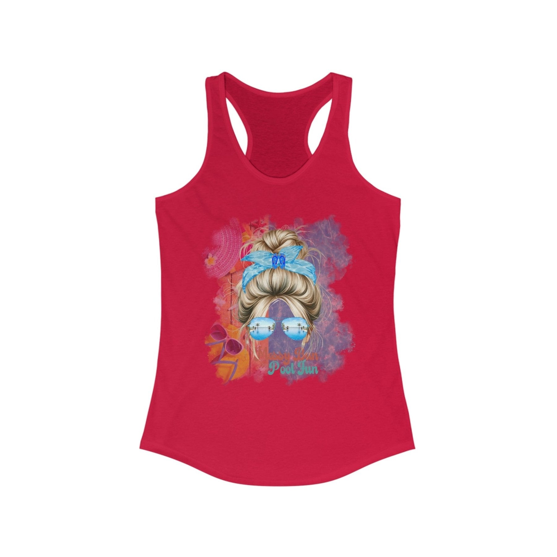 Messy Bun Pool Fun, Blond Hair Messy Bun, Pool Scene, Women's Ideal Racerback Tank - Janlyn's Crafts