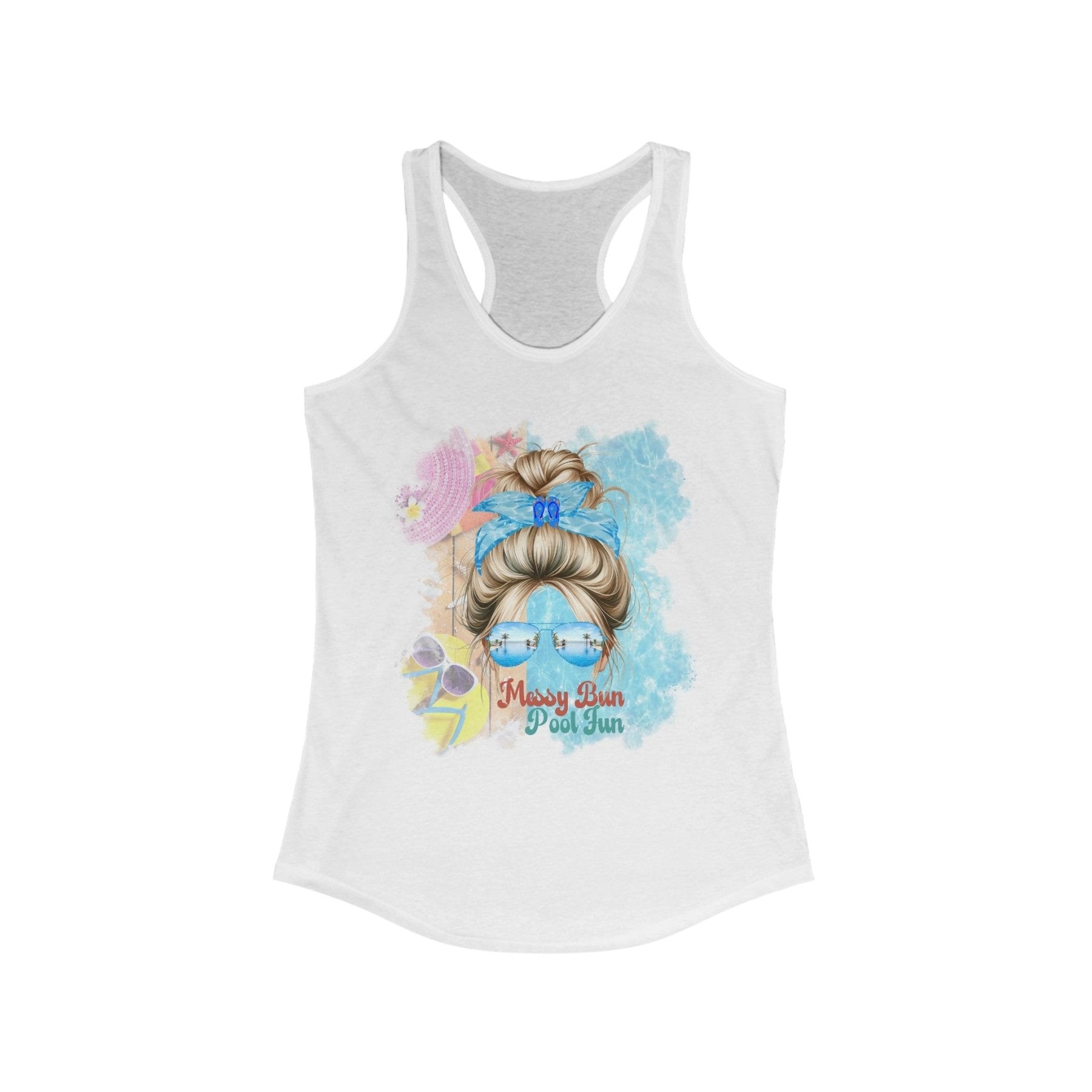 Messy Bun Pool Fun, Blond Hair Messy Bun, Pool Scene, Women's Ideal Racerback Tank - Janlyn's Crafts