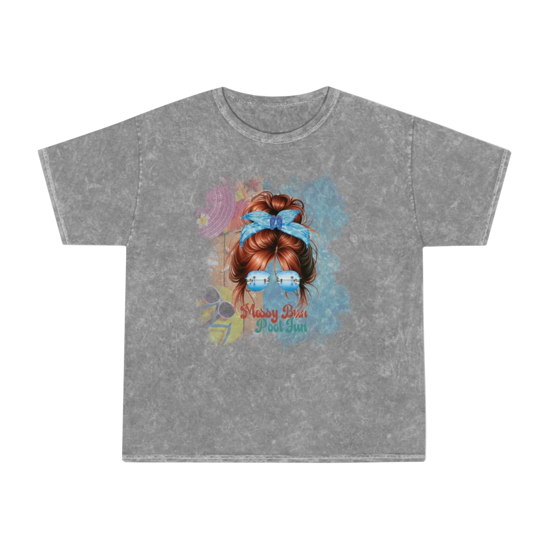 Messy Bun Pool Fun, Red Hair Messy Bun, Pool Scene, Unisex Mineral Wash T - Shirt - Janlyn's Crafts