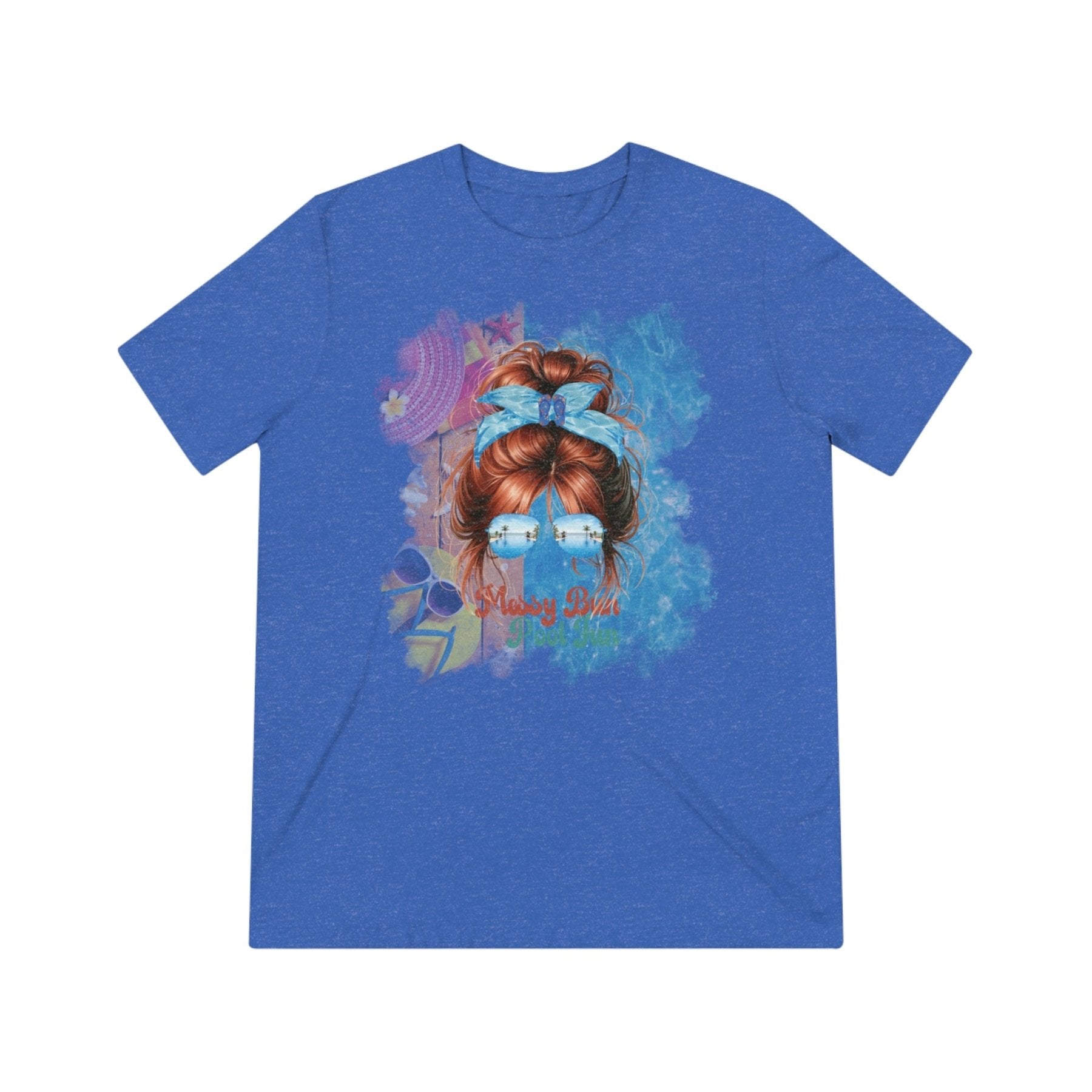 Messy Bun Pool Fun, Red Hair Messy Bun, Pool Scene, Unisex Triblend T - Shirt - Janlyn's Crafts