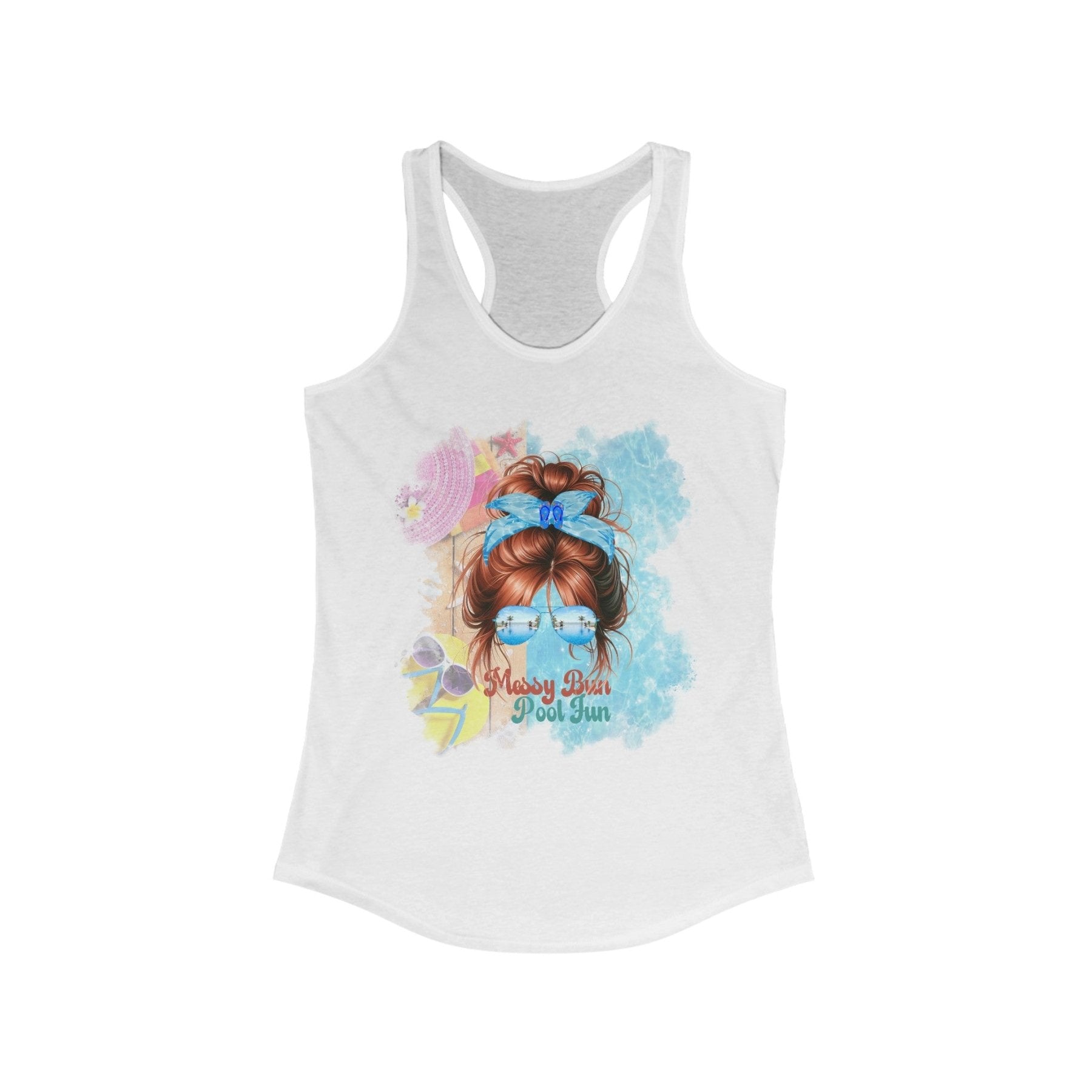 Messy Bun Pool Fun, Red Hair Messy Bun, Pool Scene, Women's Ideal Racerback Tank - Janlyn's Crafts