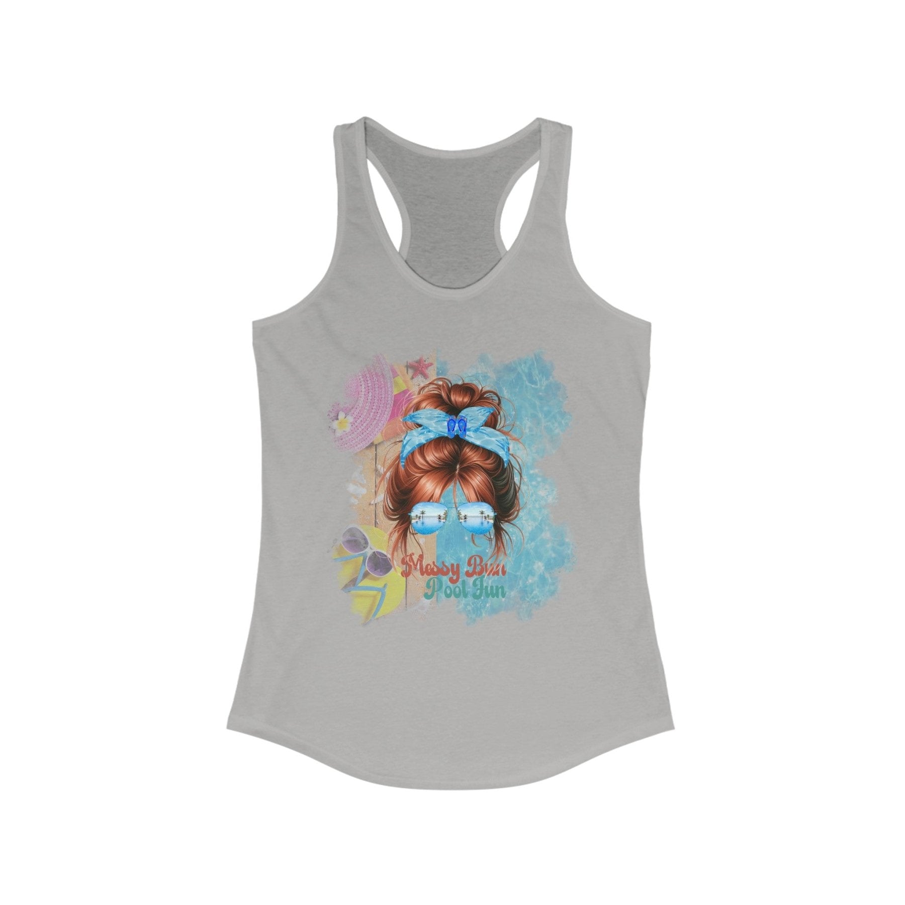 Messy Bun Pool Fun, Red Hair Messy Bun, Pool Scene, Women's Ideal Racerback Tank - Janlyn's Crafts