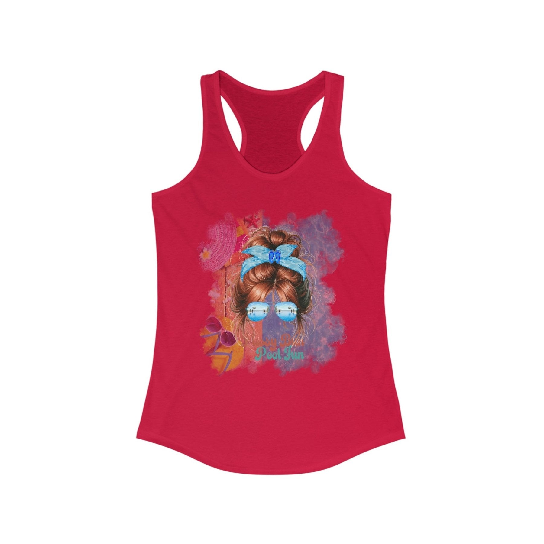 Messy Bun Pool Fun, Red Hair Messy Bun, Pool Scene, Women's Ideal Racerback Tank - Janlyn's Crafts