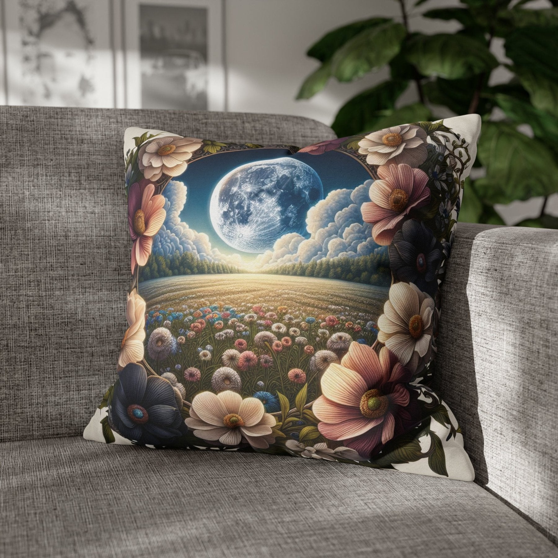 Moon & Flowers Throw Pillow Cover, Throw Pillow Case, Qty 1, (5) - Janlyn's Crafts