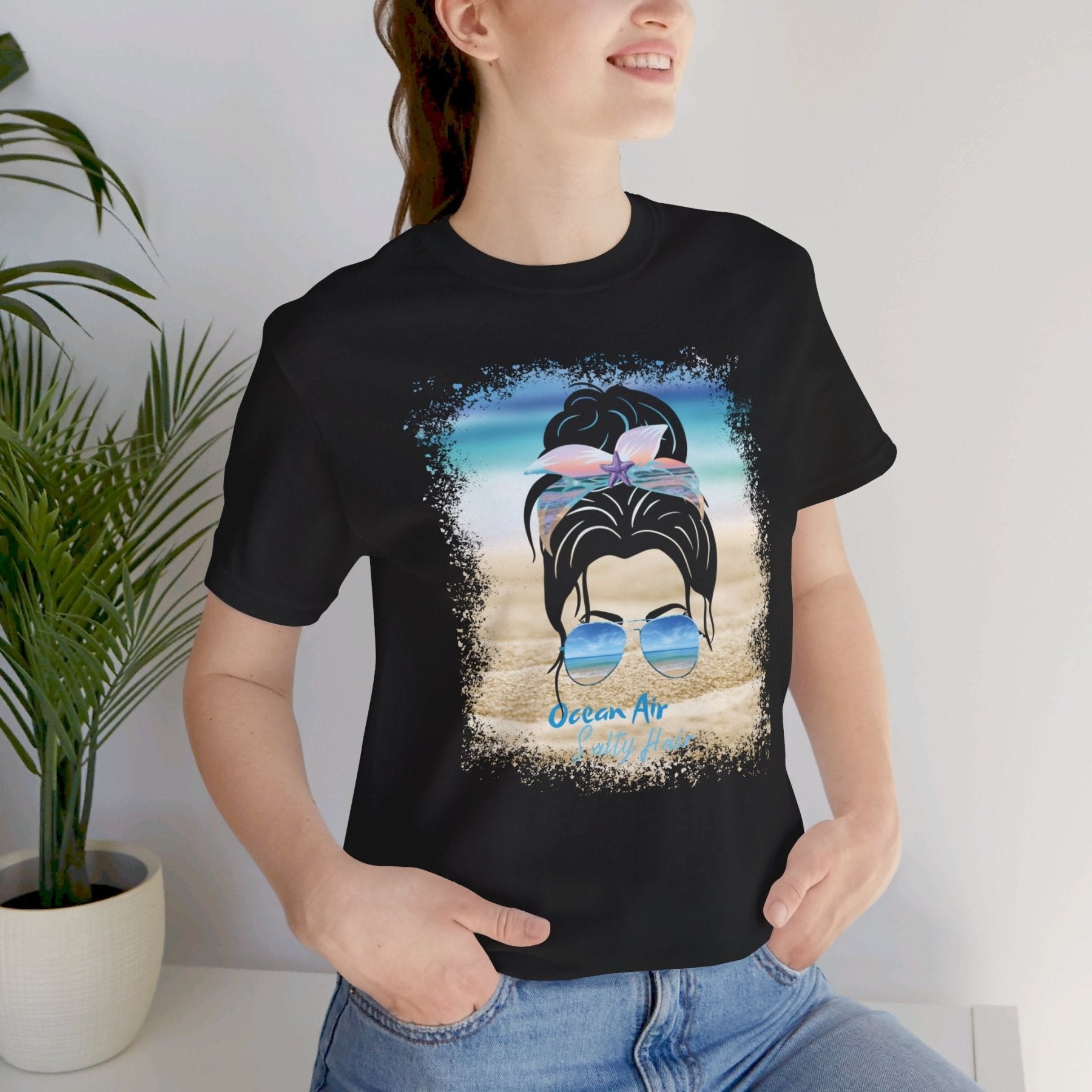 Ocean Air Salty Hair, Black Hair Messy Bun, Unisex Jersey Short Sleeve Tee - Janlyn's Crafts