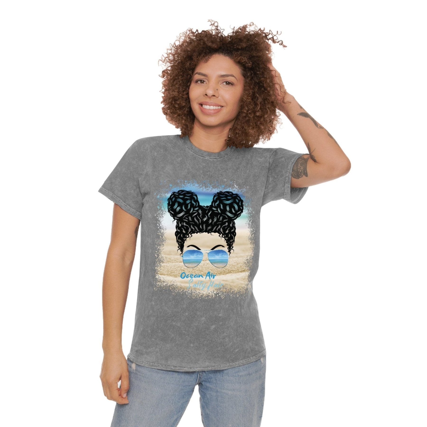 Ocean Air Salty Hair, Black Hair Messy Bun, Unisex Mineral Wash T-Shirt - Janlyn's Crafts