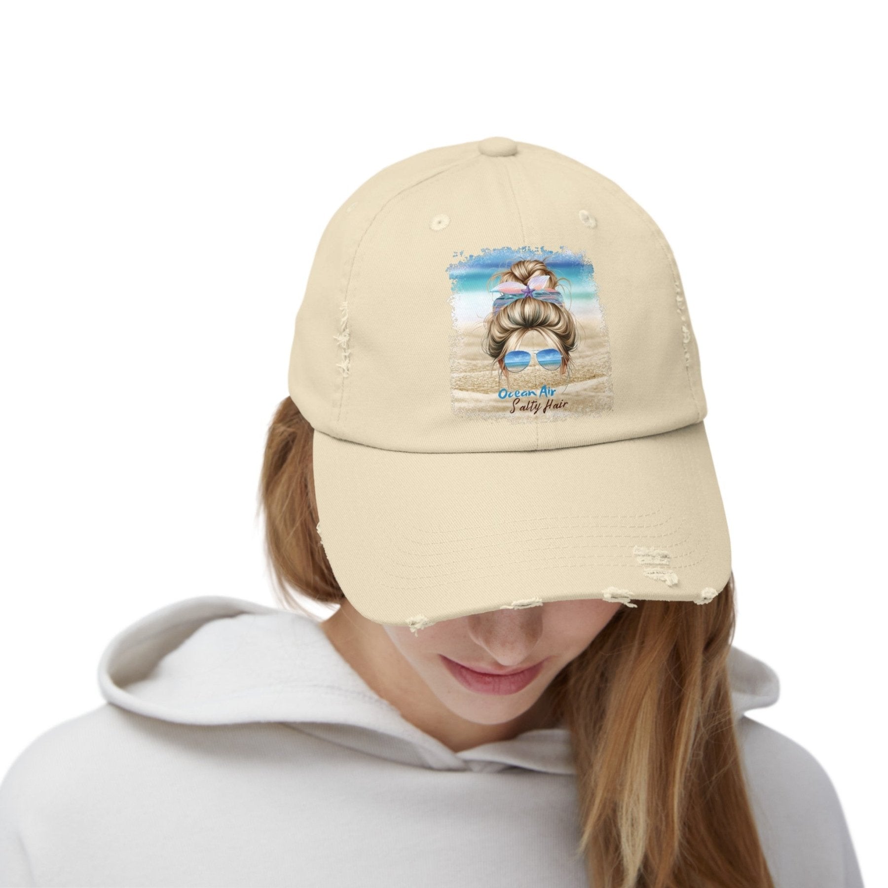 Ocean Air Salty Hair, Blond Hair Messy Bun, Unisex Distressed Cap - Janlyn's Crafts