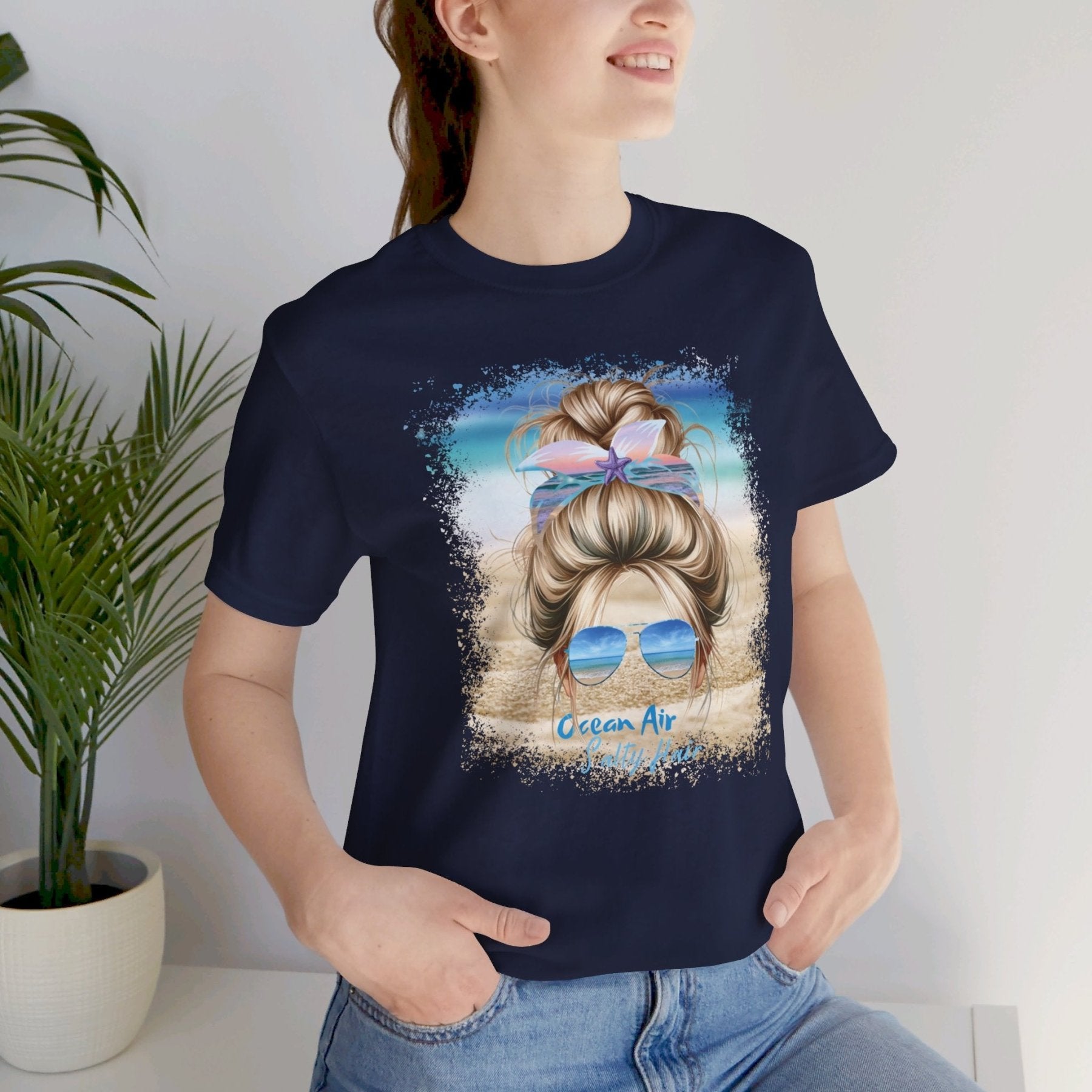 Ocean Air Salty Hair, Blond Hair Messy Bun, Unisex Jersey Short Sleeve Tee - Janlyn's Crafts