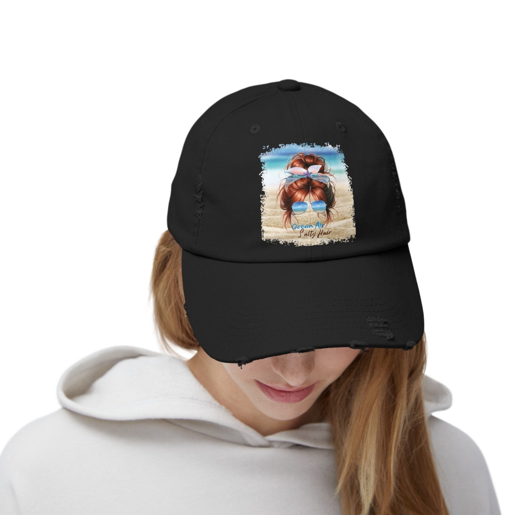 Ocean Air Salty Hair, Red Hair Messy Bun, Unisex Distressed Cap - Janlyn's Crafts