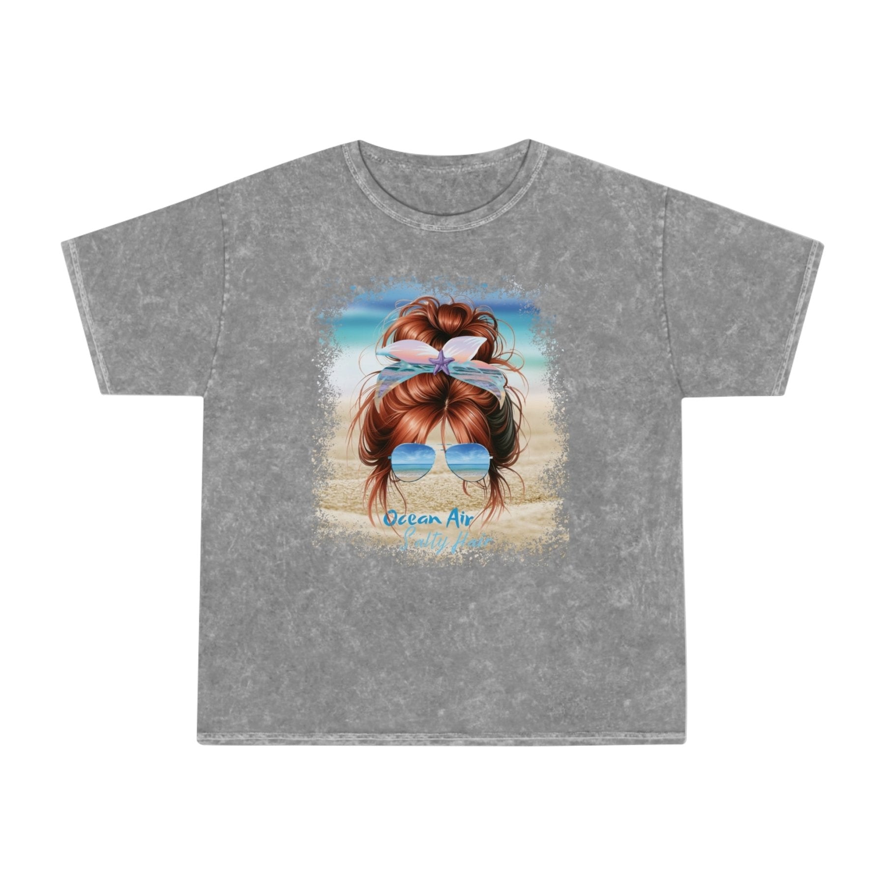 Ocean Air Salty Hair, Red Hair Messy Bun, Unisex Mineral Wash T-Shirt - Janlyn's Crafts