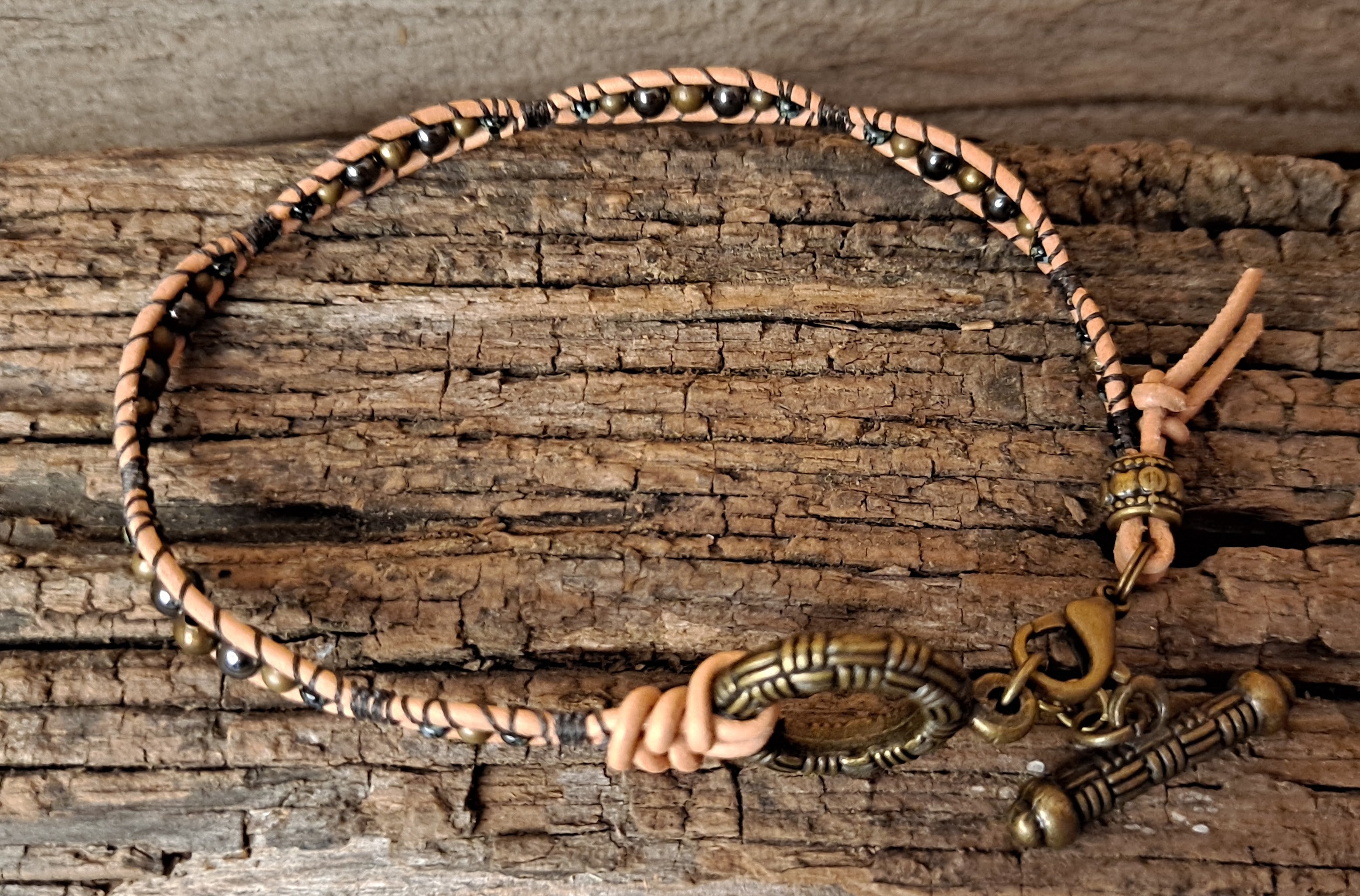 Anklet Handmade, Single Wrap Leather Anklet, Hematite Beads (D17)