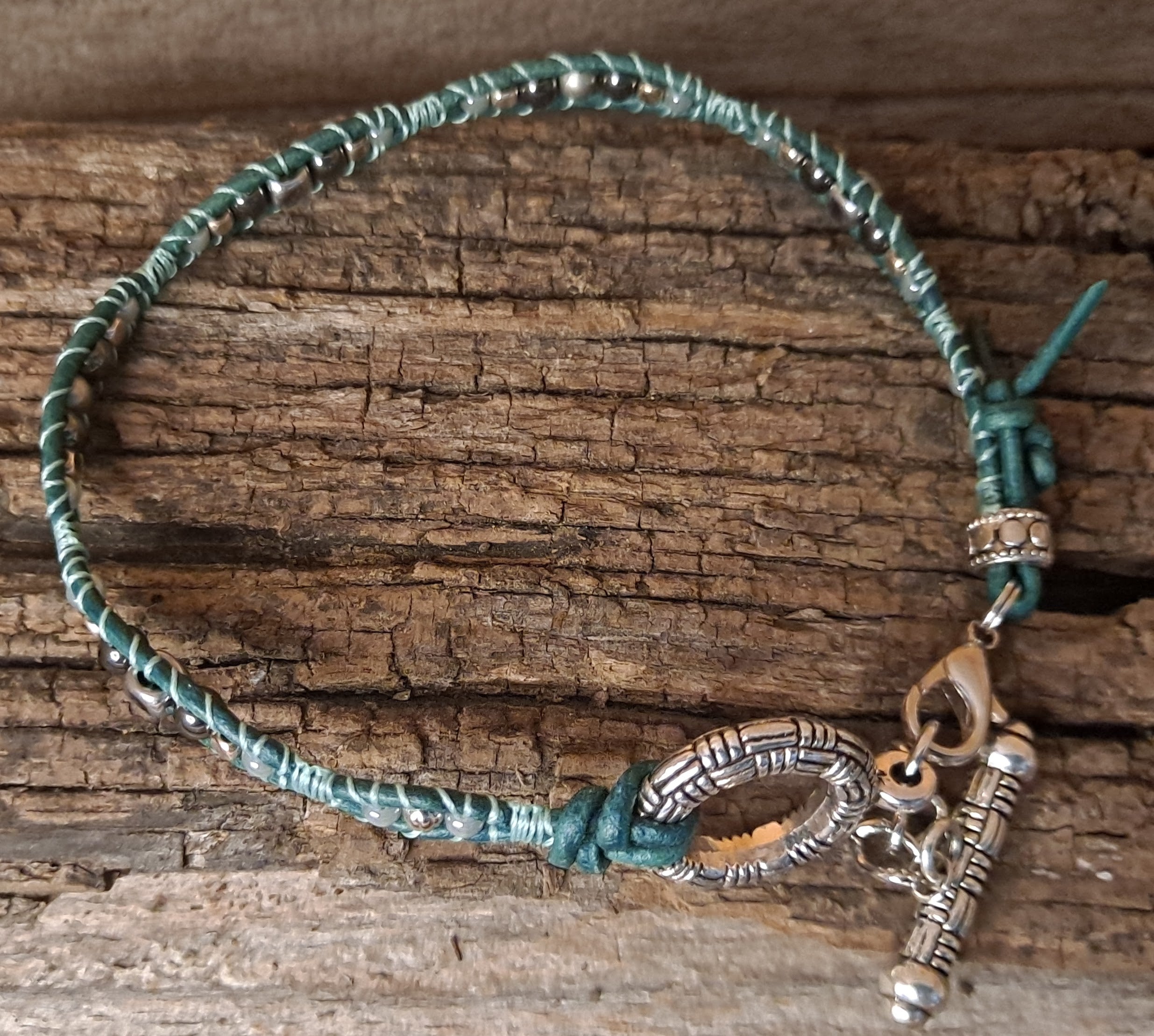 Anklet Handmade, Single Wrap Leather Anklet, Hematite Beads (C19)