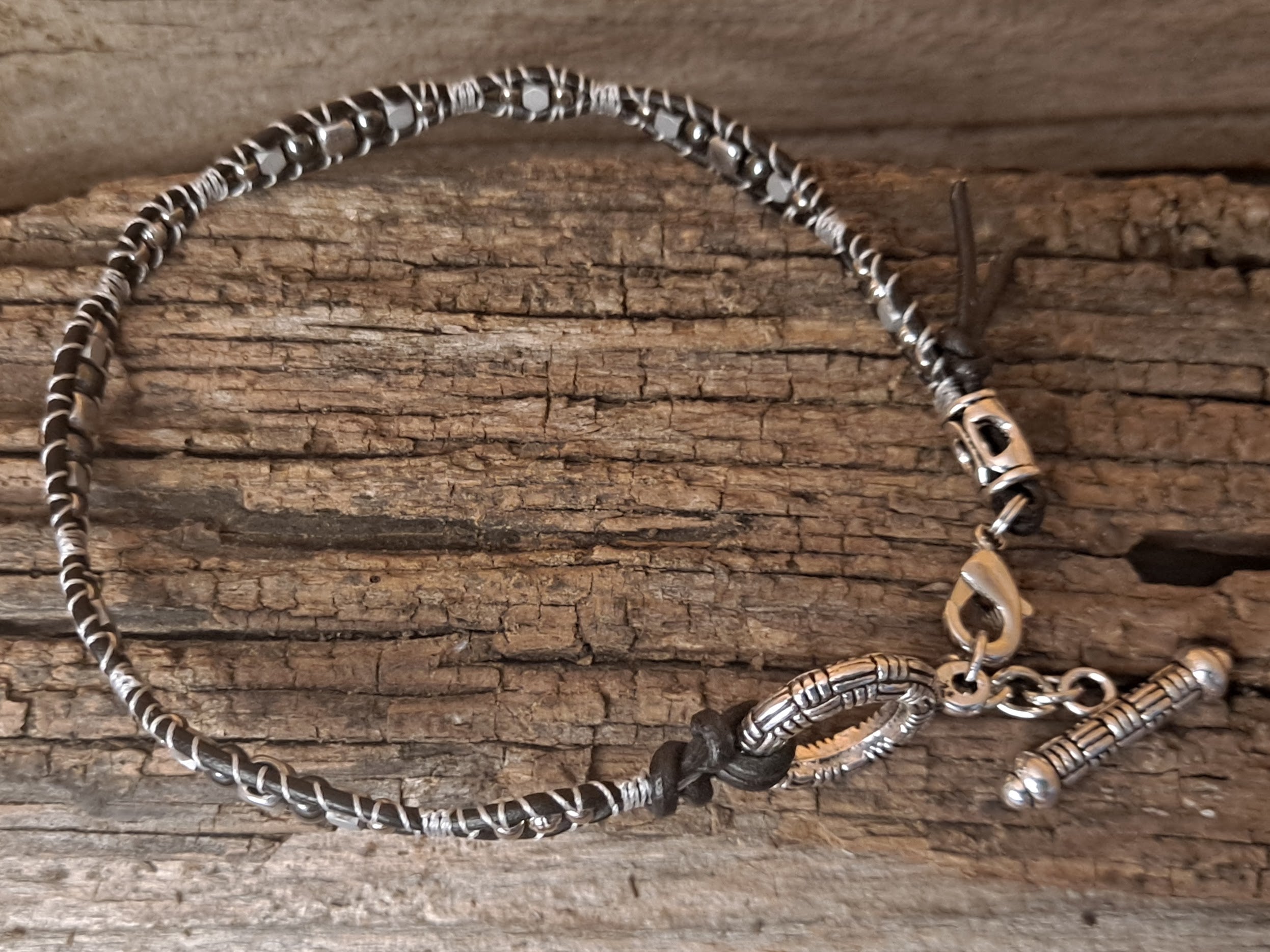 Anklet Handmade, Single Wrap Leather Anklet, Hematite Beads (D04)