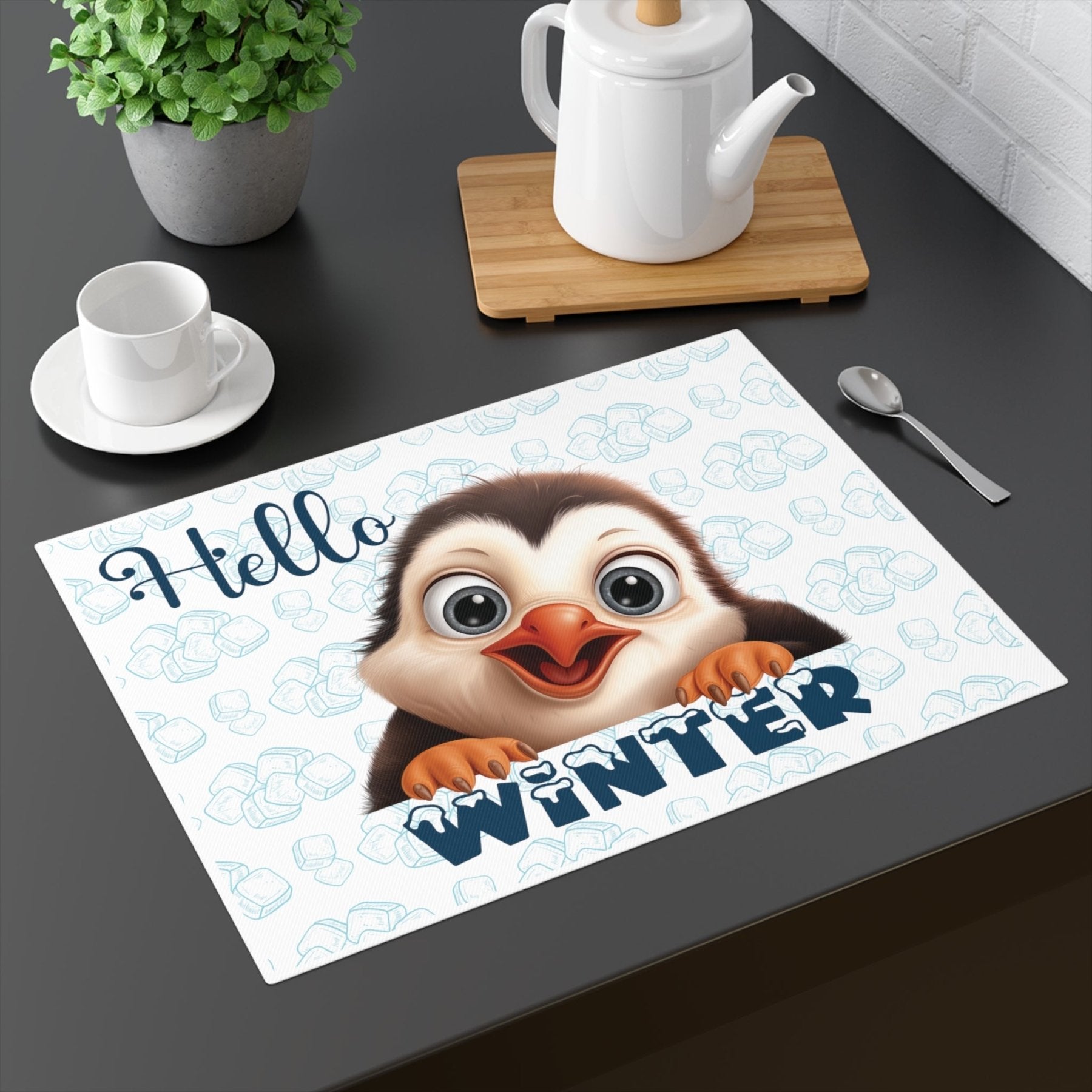 Placemat, 1pc, Winter Theme Placemat, Winter Placemat, Ice, Winter Decor, Hello Winter, Penguin, White - Janlyn's Crafts