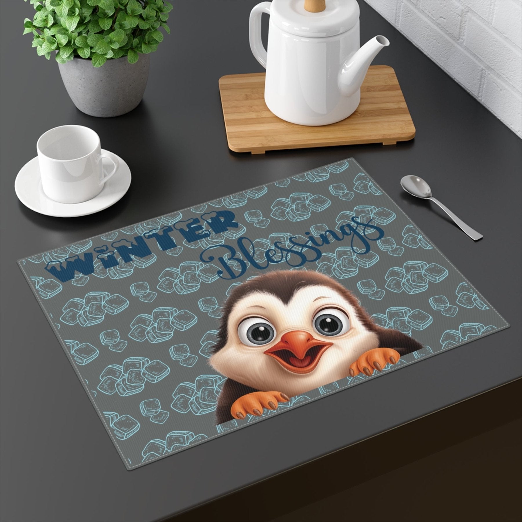 Dark Gray Placemat 1pc Winter Theme with text Winter Blessings Penguin Mockup | Janlyn's Crafts