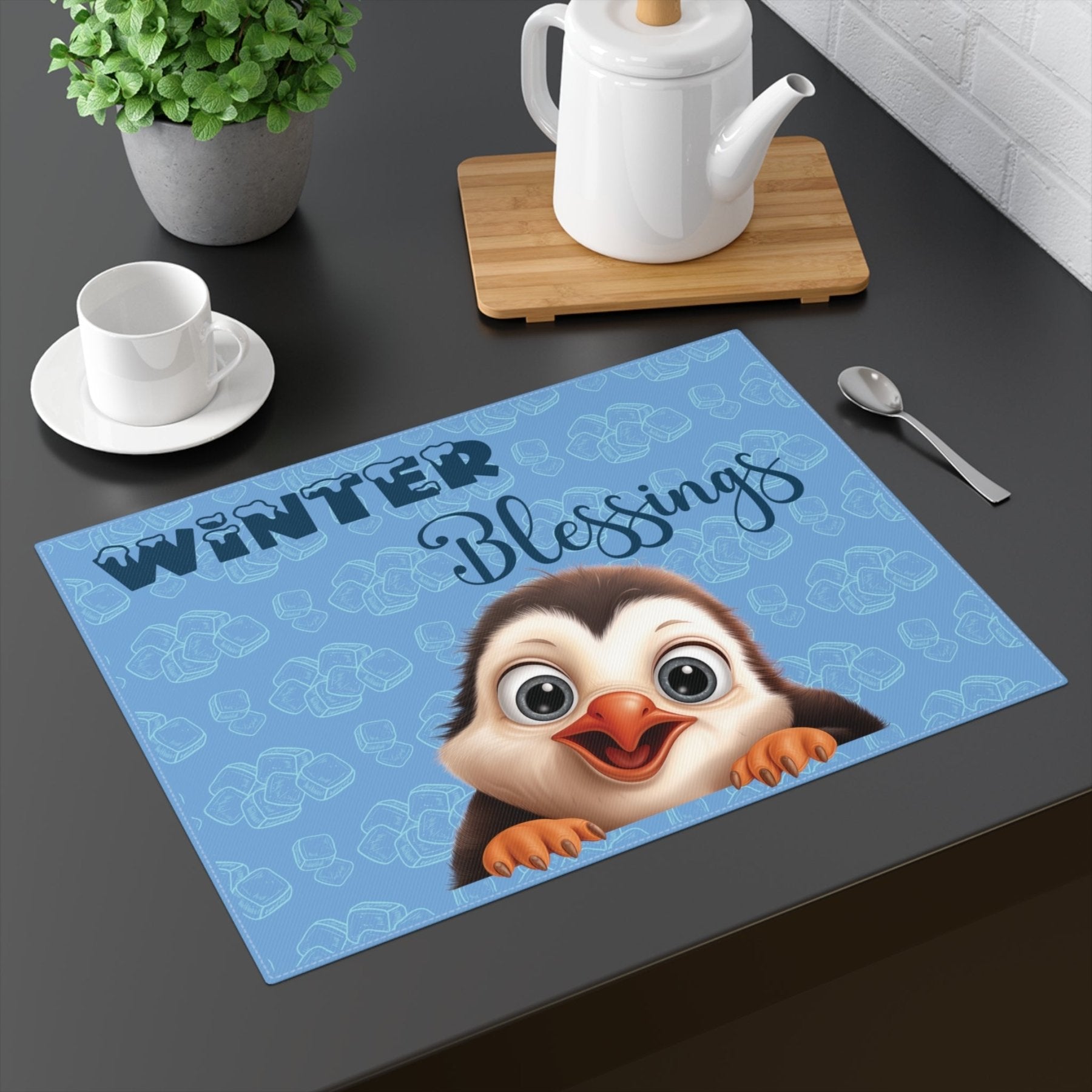 Light Blue Placemat 1pc Winter Theme with text Winter Blessings Penguin Mockup | Janlyn's Crafts