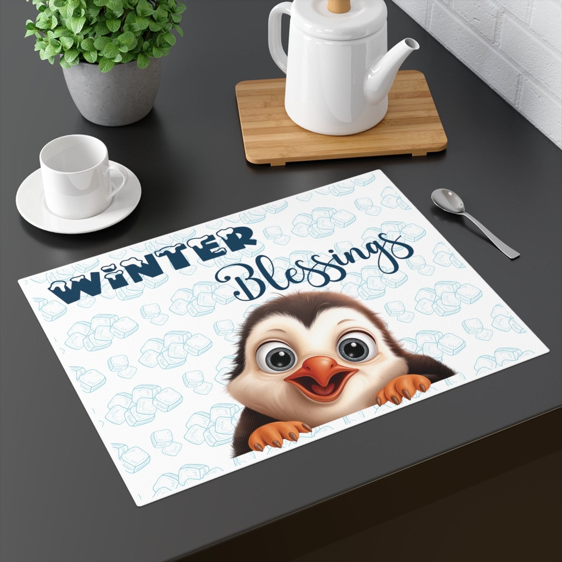 White Placemat 1pc with text Winter Blessings and Penguin Mockup - Janlyn's Crafts