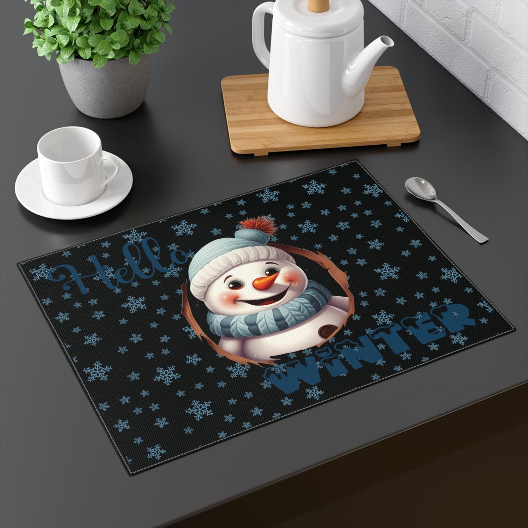 Black Placemat 1pc Snowman Snowflakes with text Hello Winter Mockup | Janlyn's Crafts