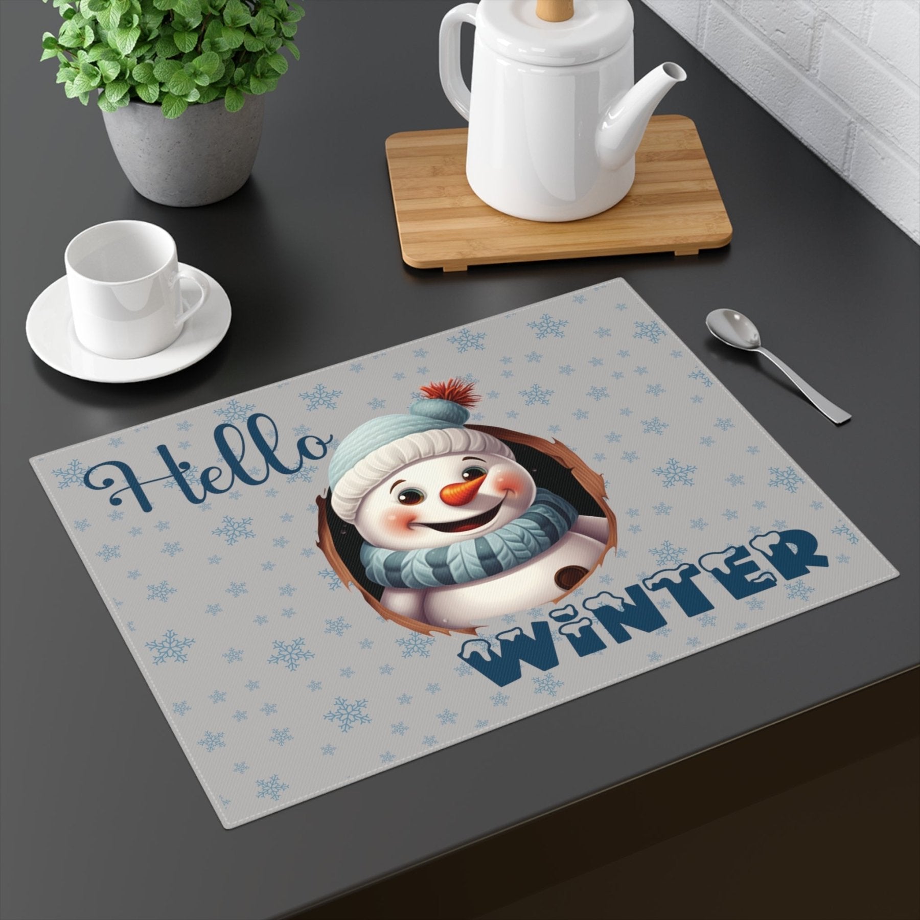 Light Gray Placemat 1pc Snowflakes Snowman with text Hello Winter Mockup | Janlyn's Crafts