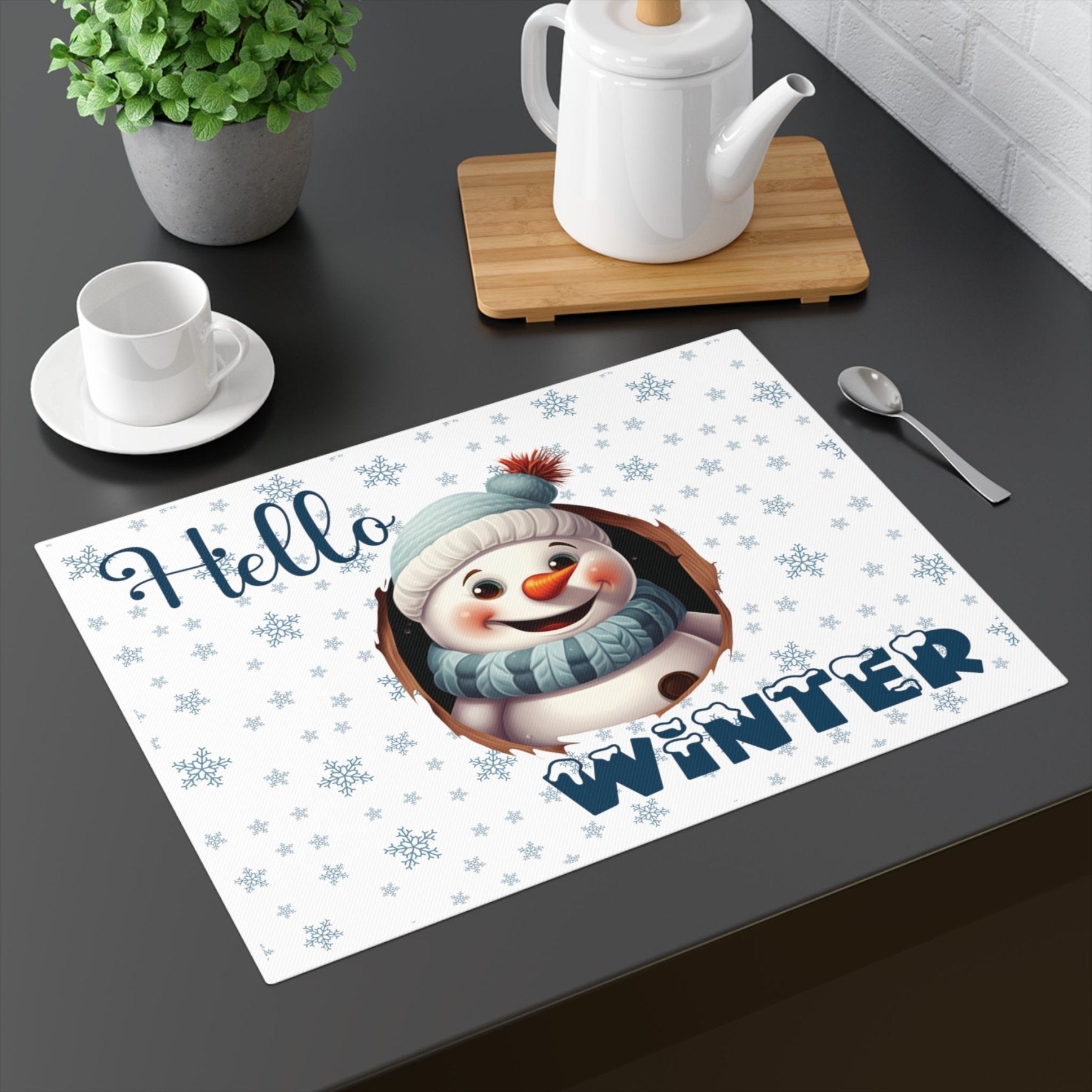 White Placemat 1pc Snowflakes Snowman with text Hello Winter Mockup | Janlyn's Crafts