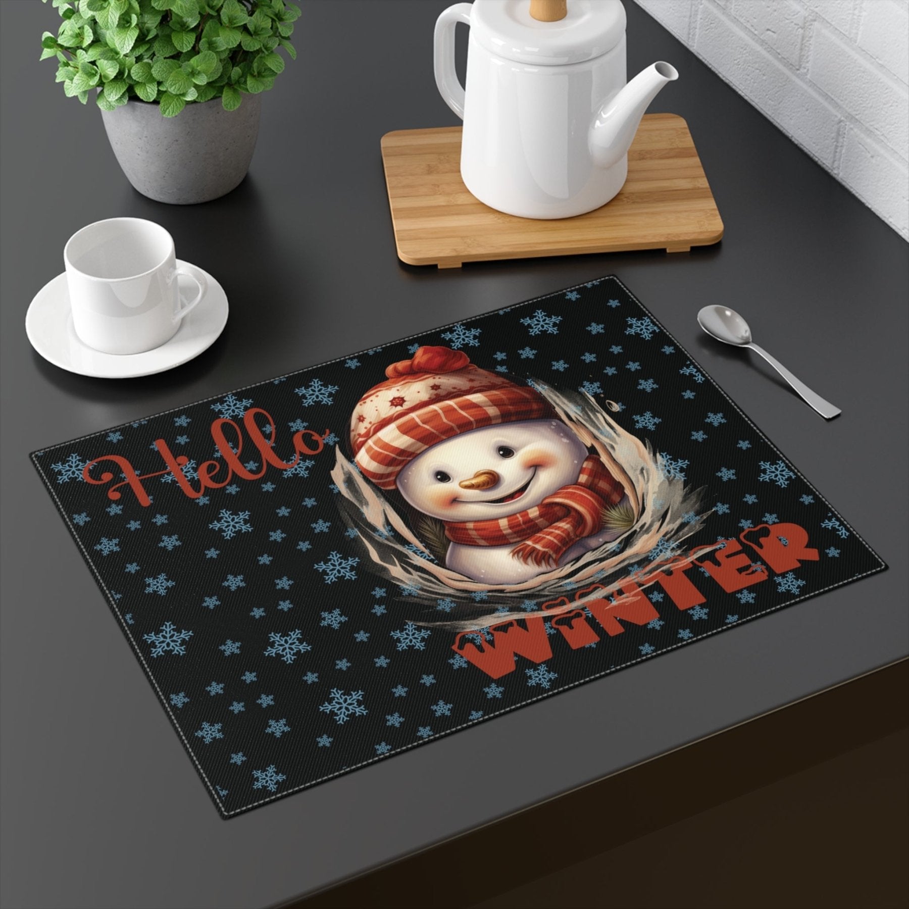 Black Placemat 1pc Snowflakes Snowman with text Hello Winter Mockup | Janlyn's Crafts